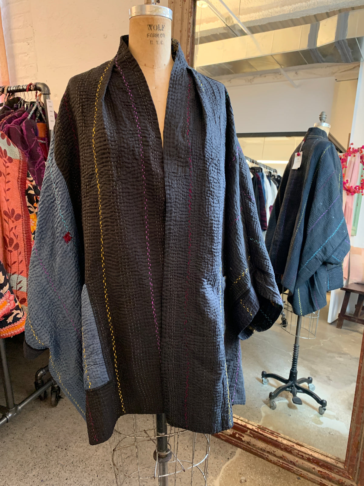 JEWEL WOVEN WITH VERTICAL PATCH KANTHA DOUBLE COLLAR PONCHO - jv4323-blk -