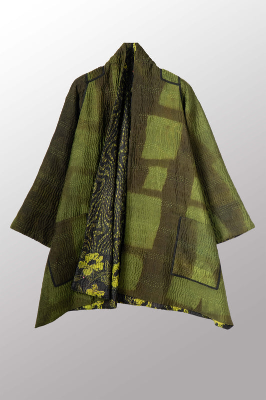 VINTAGE JACQUARD CLAMP DYE WITH PRINTED SILK KANTHA A-LINE JACKET - jk4003-0001a -