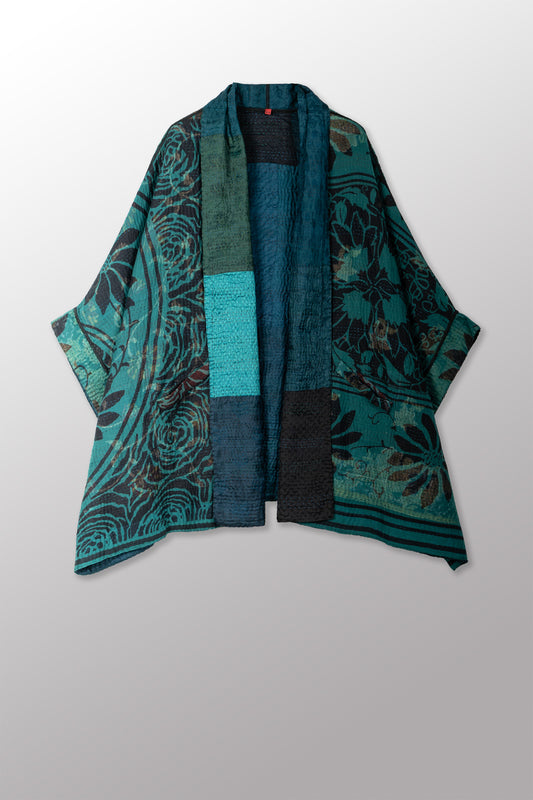 EMERALD GREEN KANTHA DOUBLE COLLAR PONCHO - eg4323-tel -