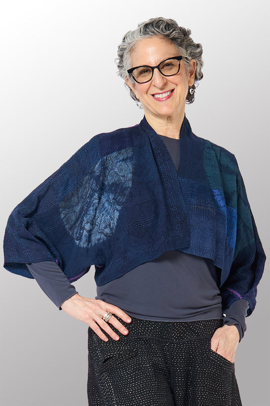 SHIBORI TIE DYE GEORGETTE VINTAGE SILK PATCH KANTHA PUFF SLV. SHRUG - st-gs2062-nvy -