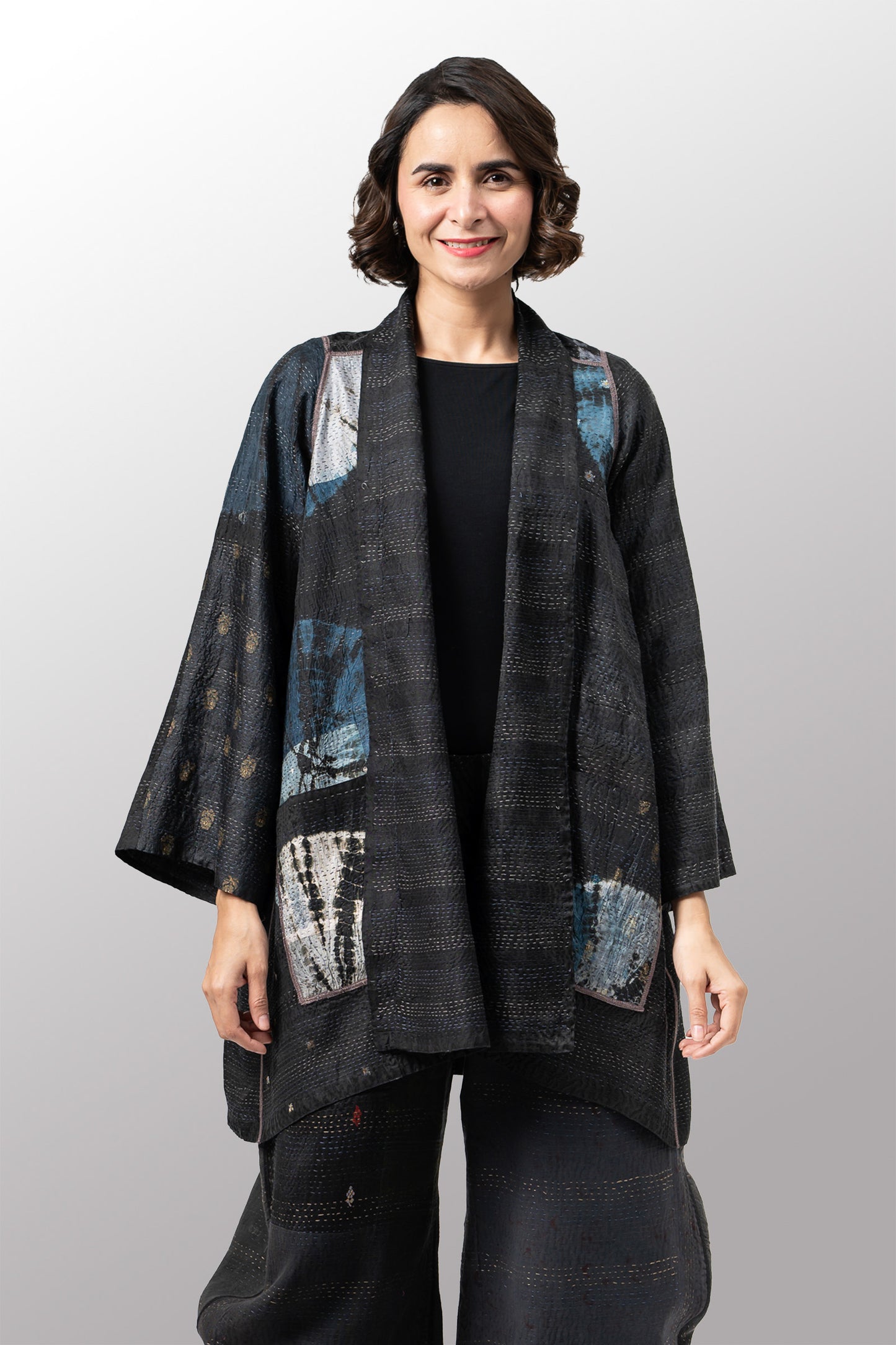 TIE DYE CIRCLE SHIBORI KANTHA A-LINE JACKET - td2003-blk -