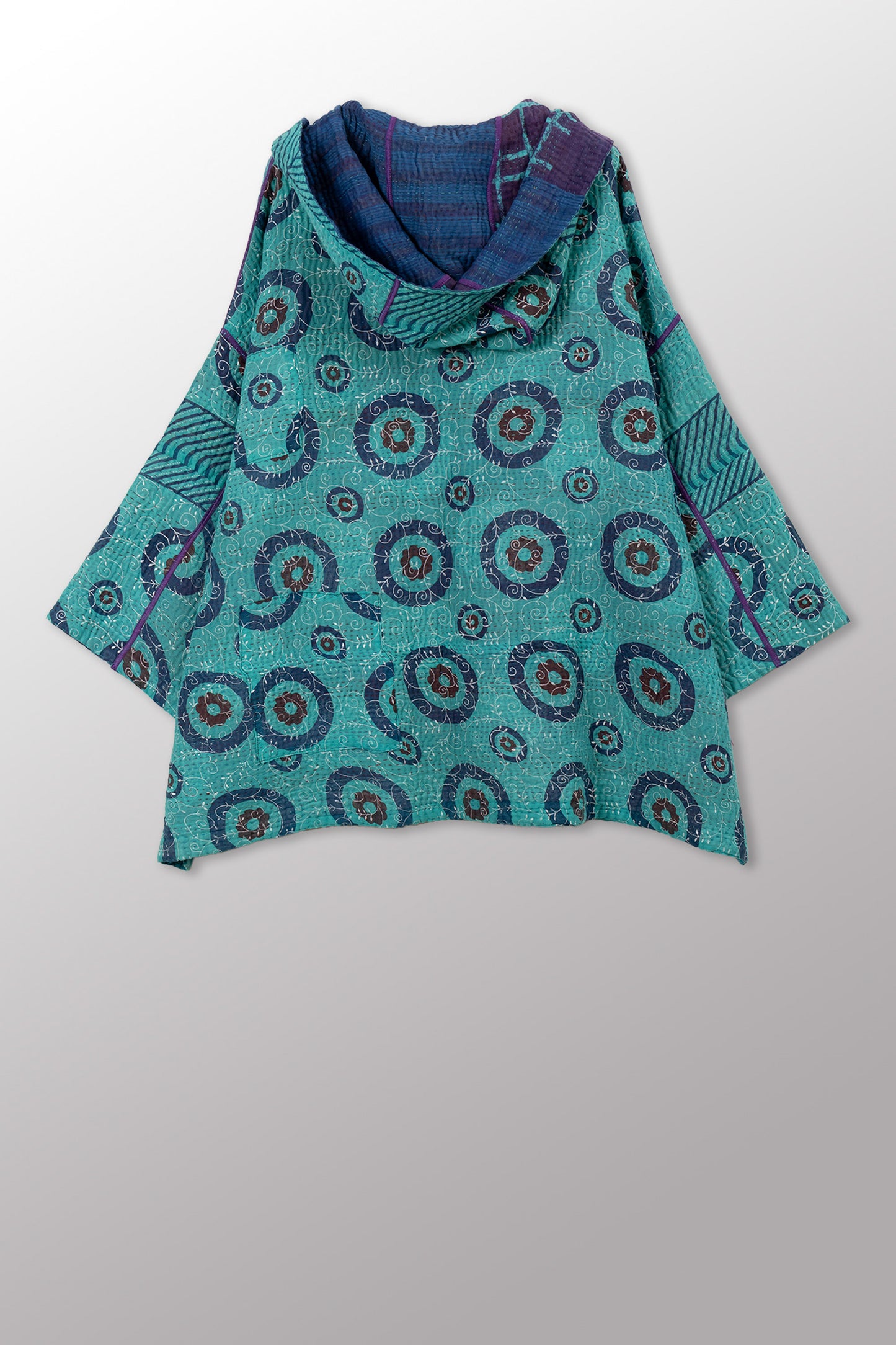 VINTAGE COTTON KANTHA HOODIE PONCHO - cv4064-0041a -