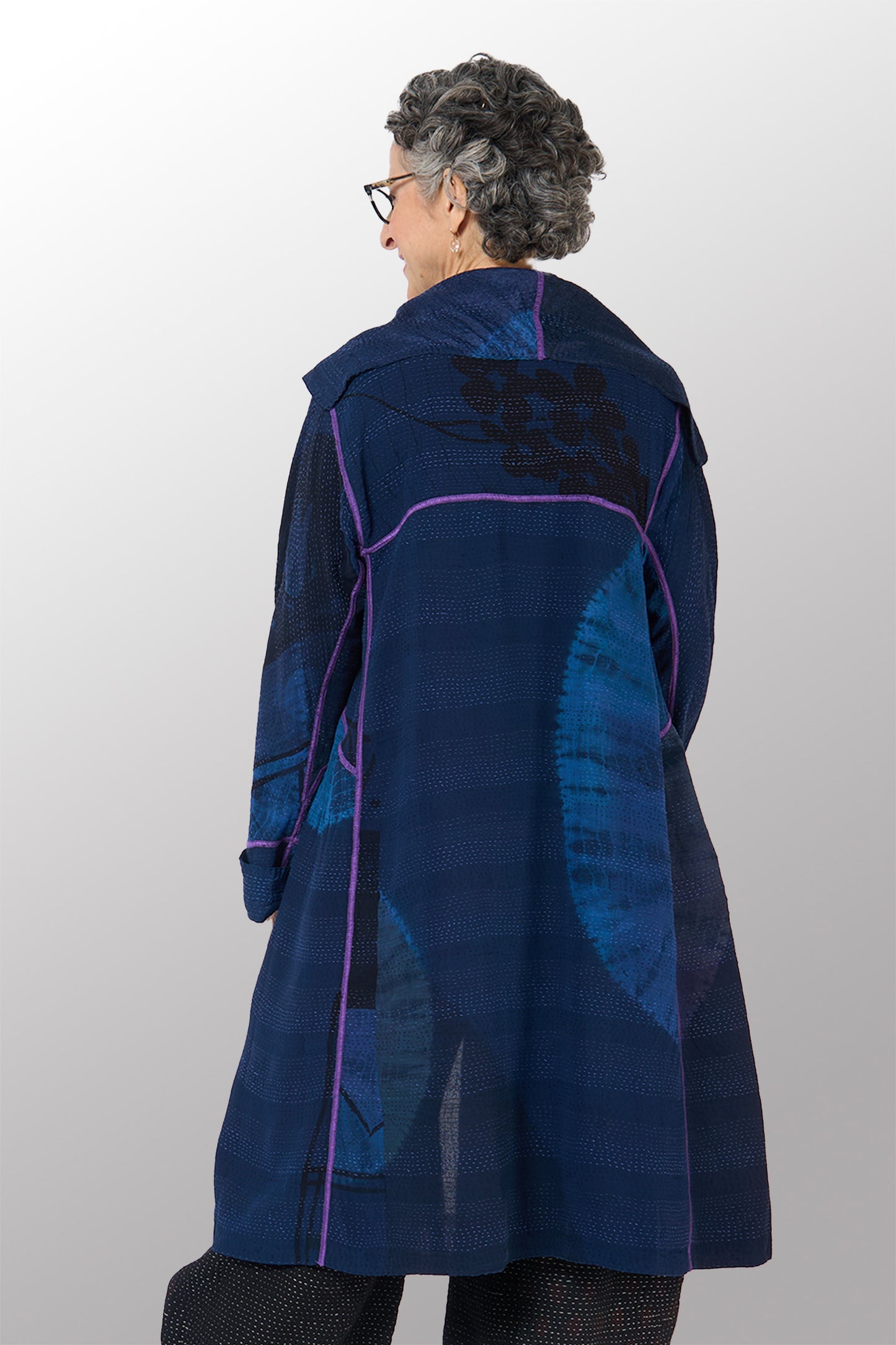SHIBORI TIE DYE GEORGETTE VINTAGE SILK PATCH KANTHA A-LINE COAT - st-gs2309-nvy -