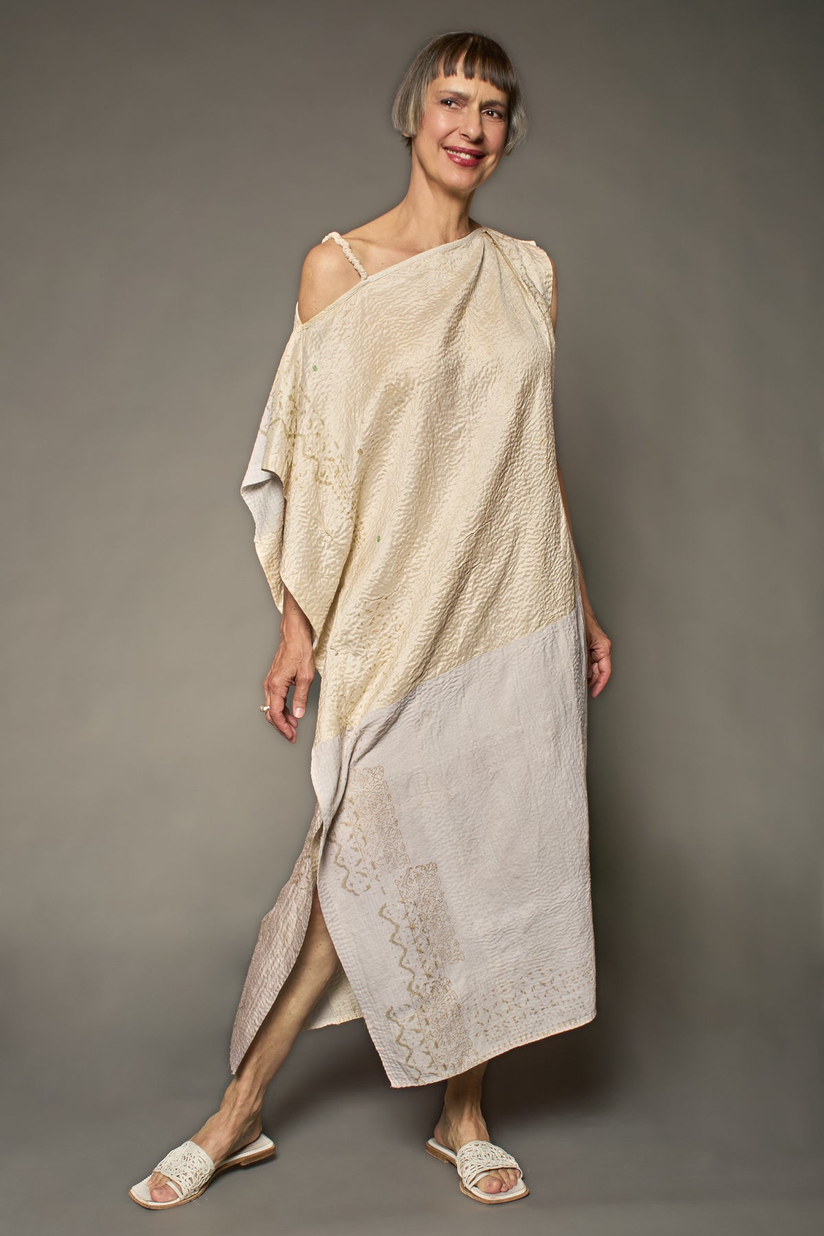 HALF SILK PATCH KANTHA ASYMMETRIC TUBE DRESS - hs2472-ivy -
