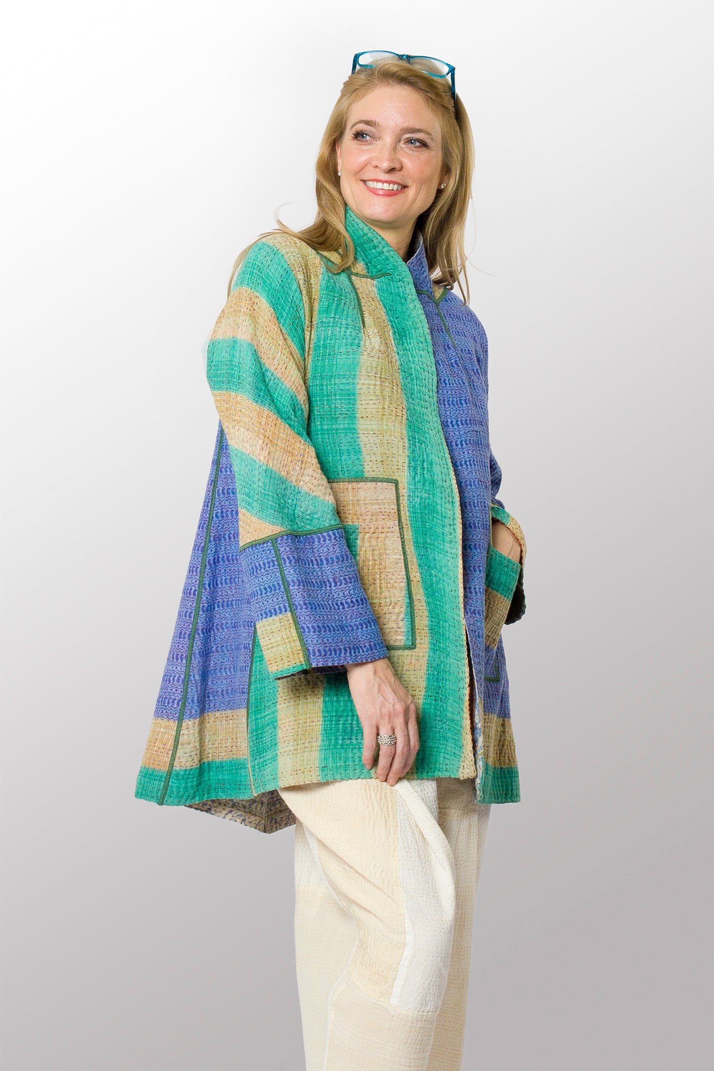 VINTAGE COTTON KANTHA FLARE LONG JACKET - cv4021-0055m -