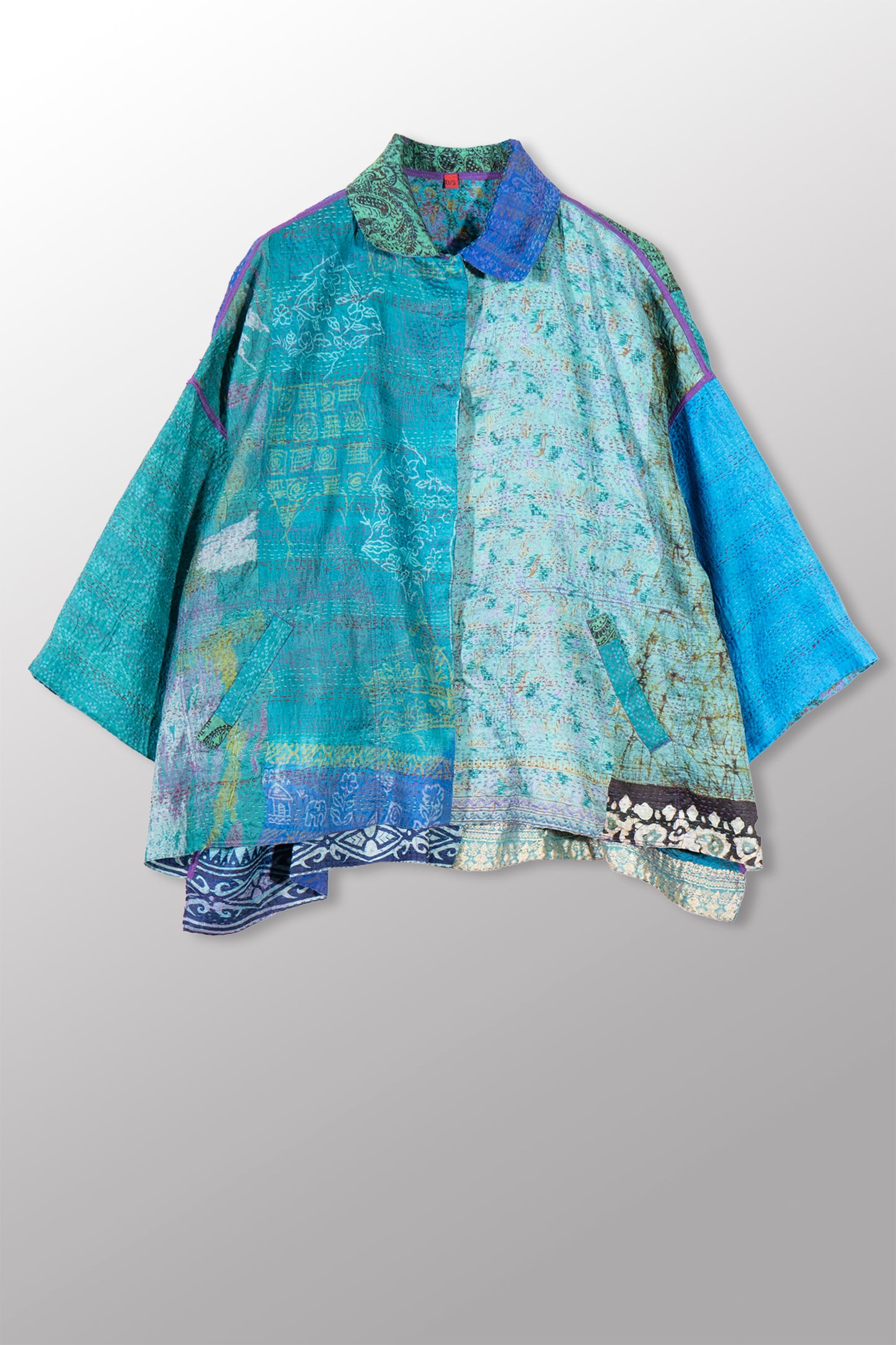 VINTAGE SILK KANTHA CROPPED TENT SHIRT - sv2596-0001a -