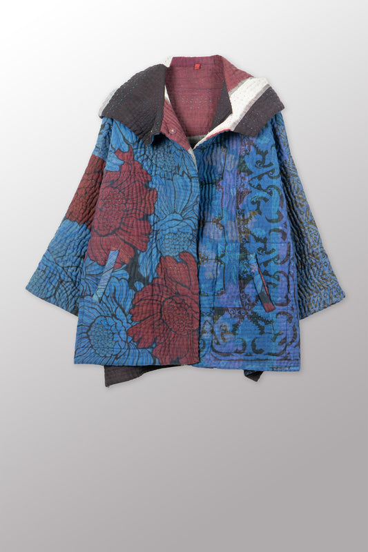 QUILTED OVERDYE COTTON KANTHA HOODIE PONCHO - oq5064-cblu004a -