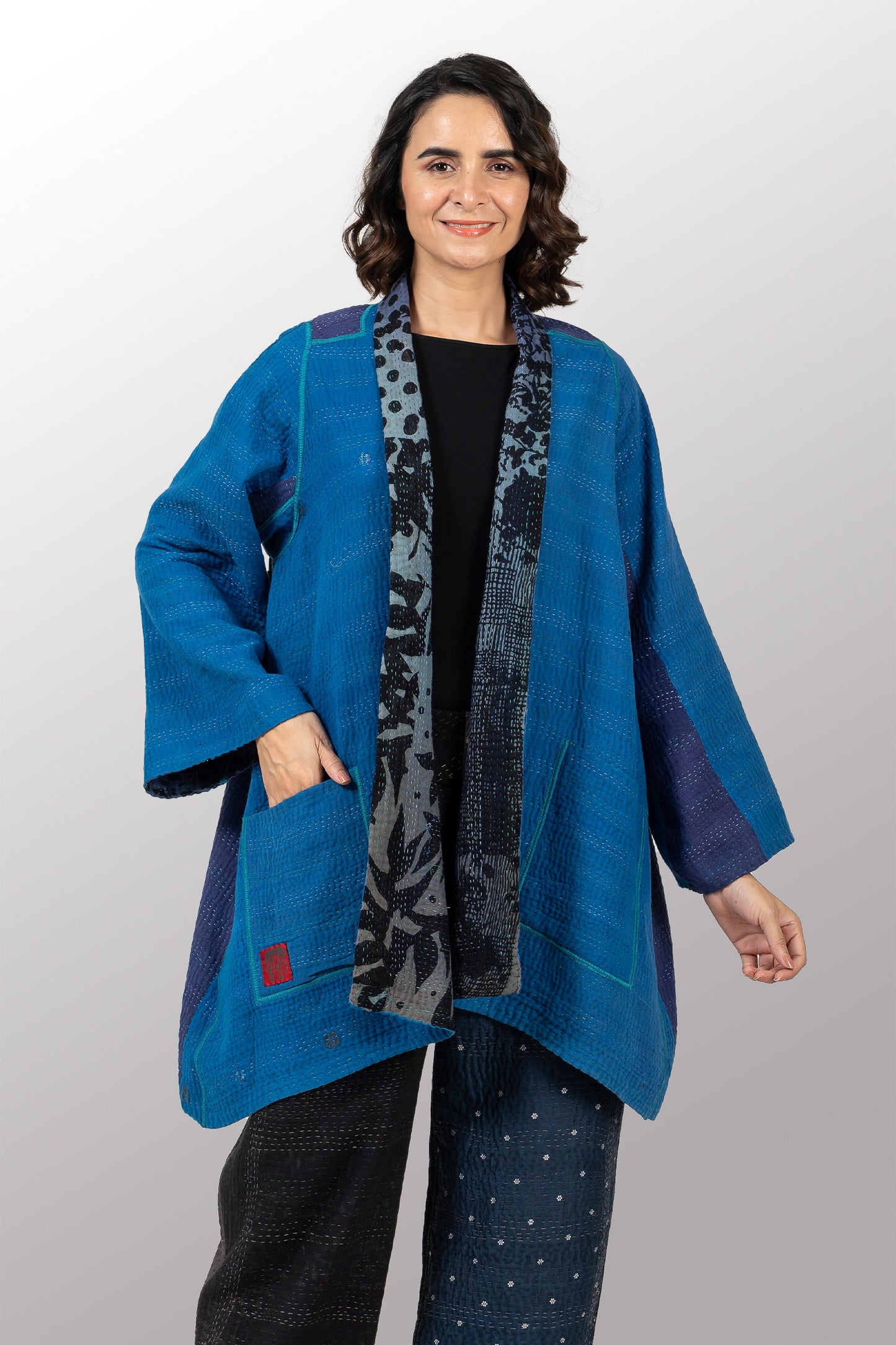 MONOTONE TWILIGHT PRINT KANTHA A-LINE JKT - tp4003-blu -