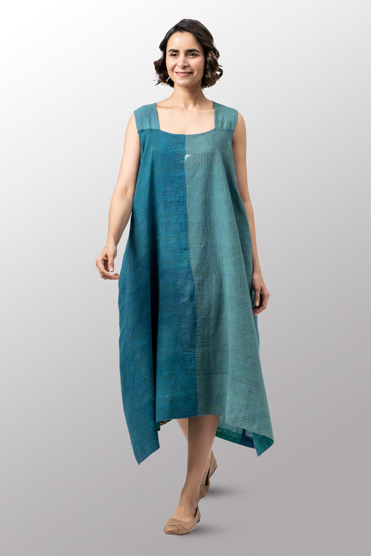 COTTON SILK SW PATCH OMBRE KANTHA TENT DRESS - ws2413-tel -