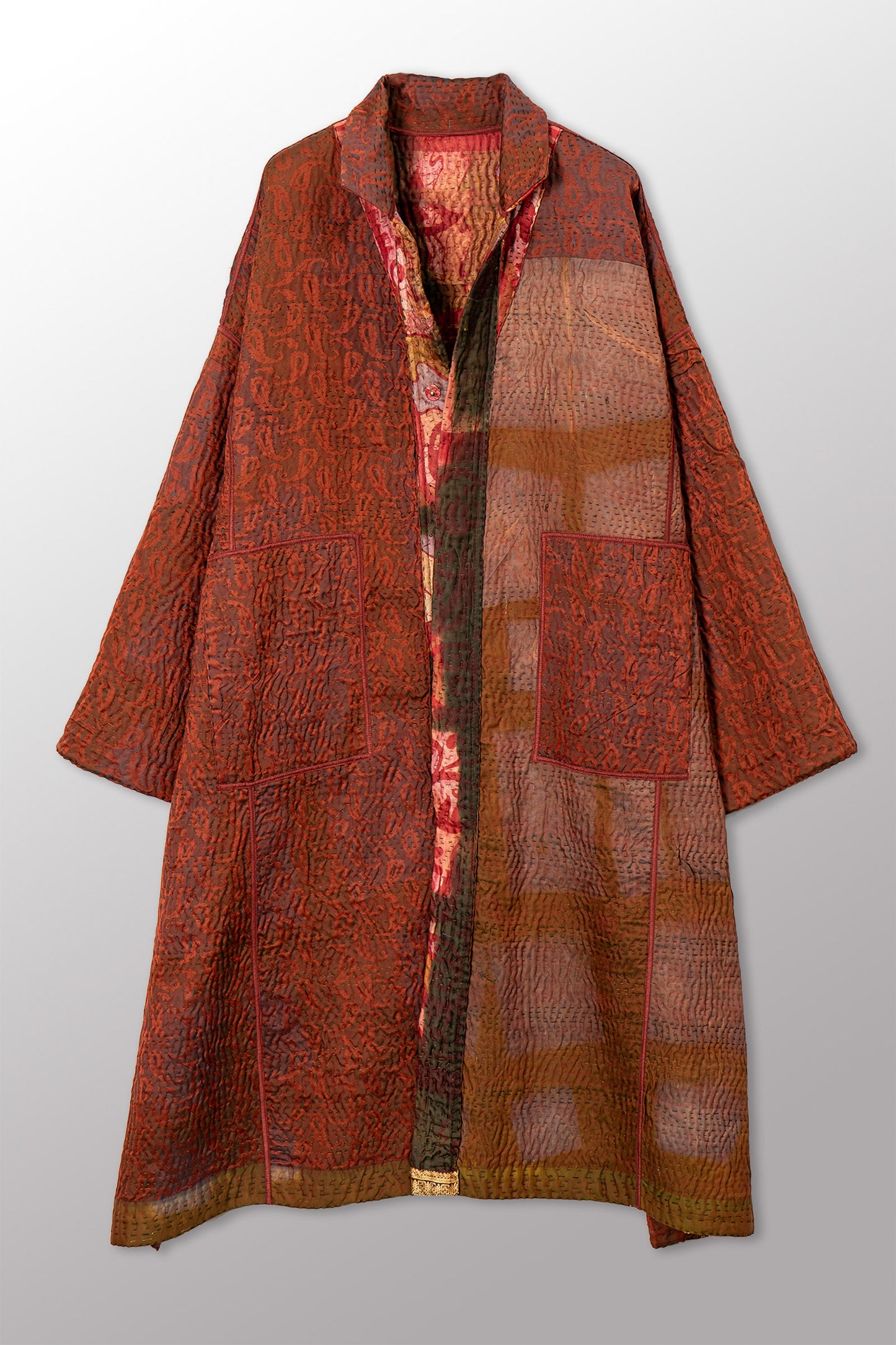 VINTAGE PRINTED SILK CLAMP DYE WITH JACQUARD KANTHA NEW OVERSIZED COAT - sk4342-0004a -