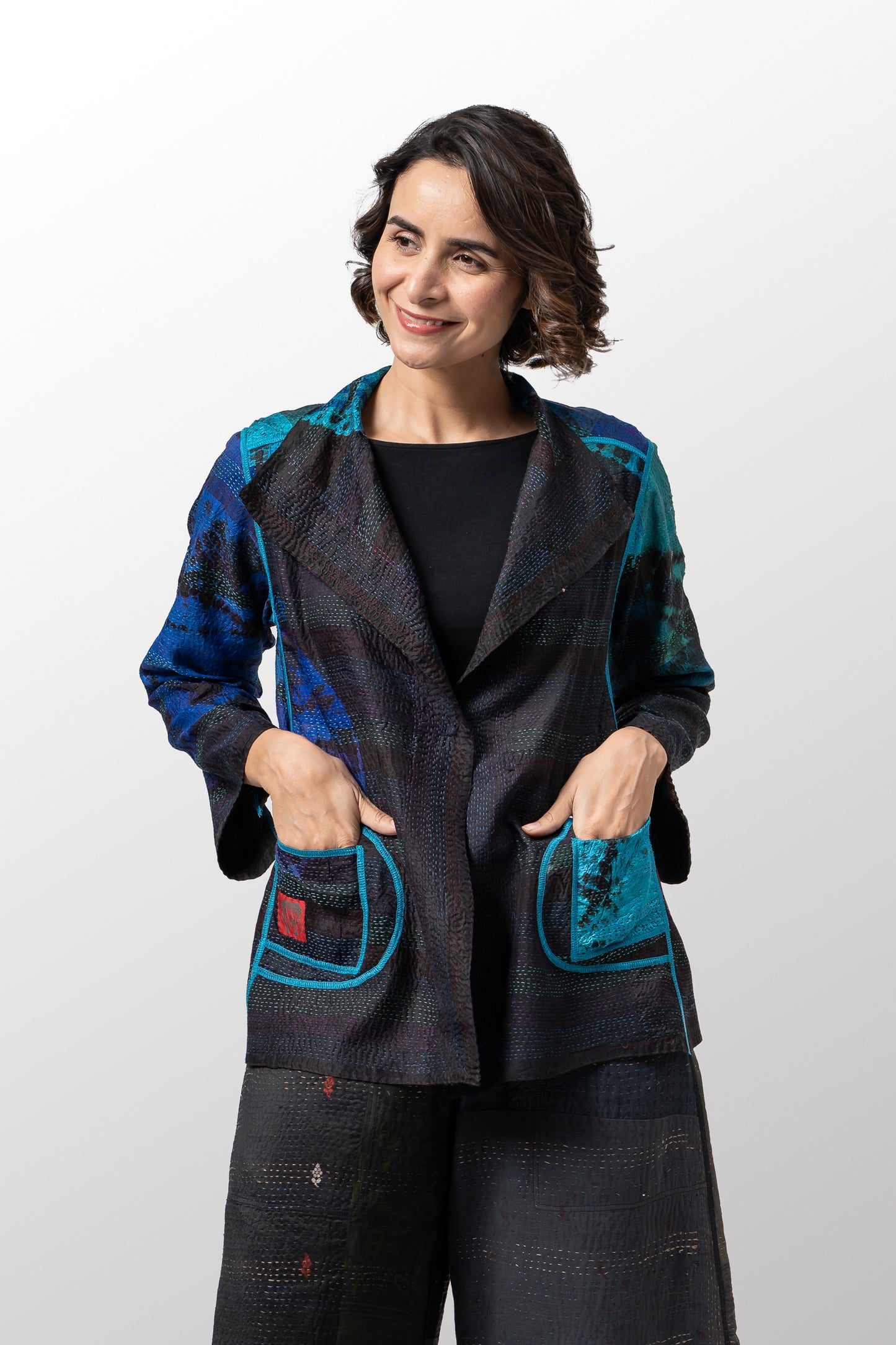 TIE DYE CIRCLE SHIBORI KANTHA SHORT JACKET - td2007-blu -