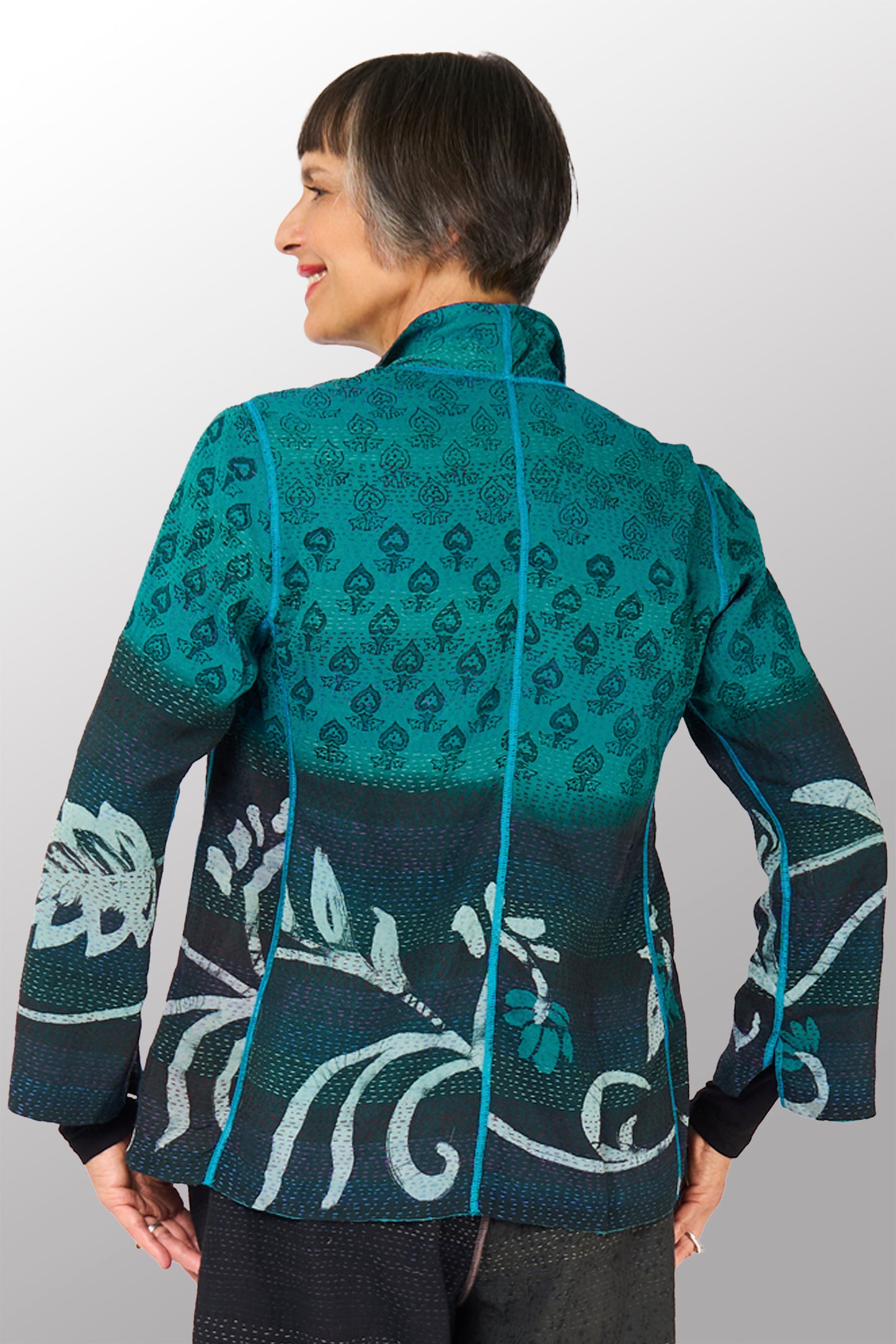 GEORGETTE JACQUARD VINTAGE SILK PATCH KANTHA SHORT JACKET - gj2007-0002m -