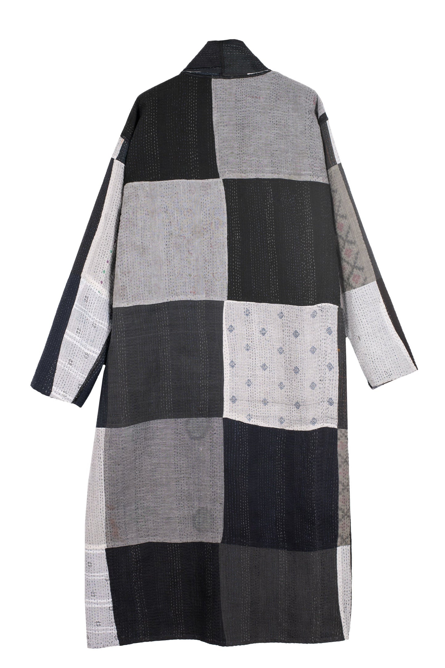 STRIPE AND CHECK COTTON SILK PATCH KANTHA  ROBE COAT - ss4329-blk -
