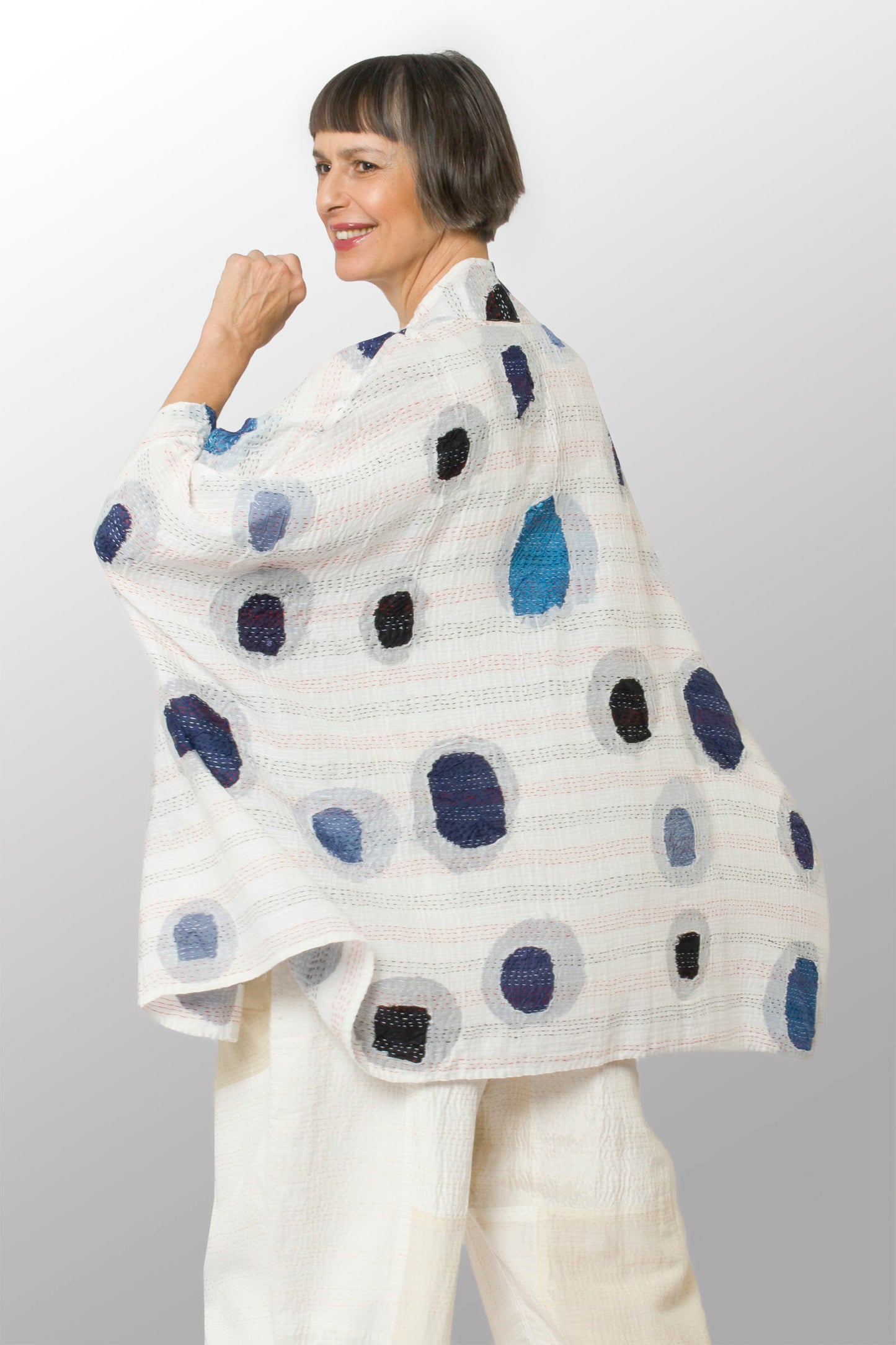 CUT OUT KANTHA DOUBLE COLLAR PONCHO - ck2323-wht -
