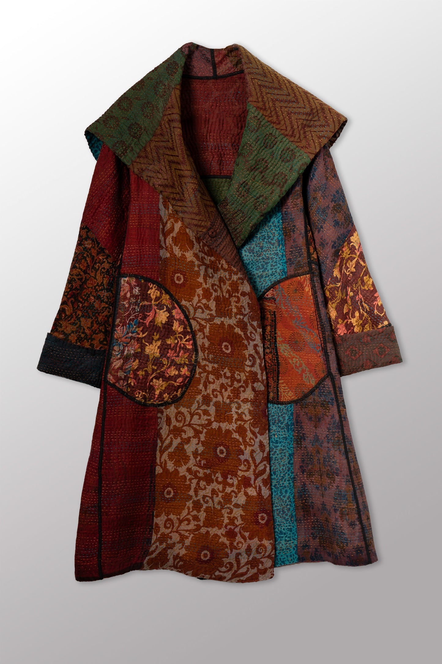 JACQUARD SILK KANTHA A-LINE COAT - js4309-cbrn002a -