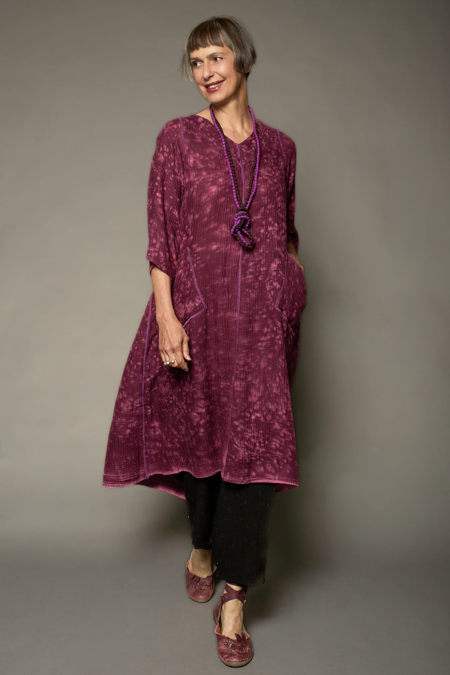 SAND SUN DYE RIPPLE KANTHA V-NECK FLARE DRESS - rs2457-pik -