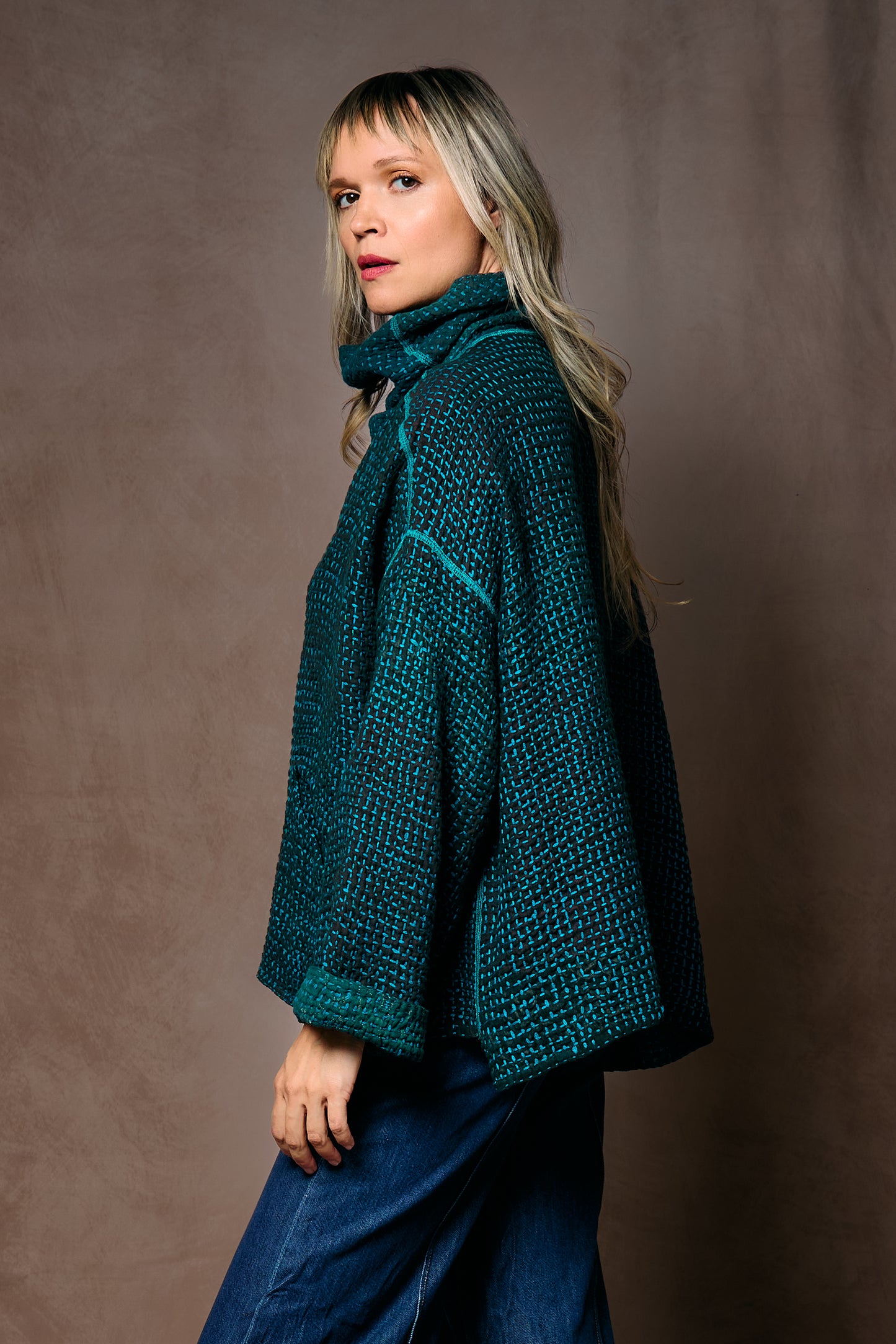 WOOL WAFFLE KANTHA NEW COWL NECK PONCHO - ww3083-tel -