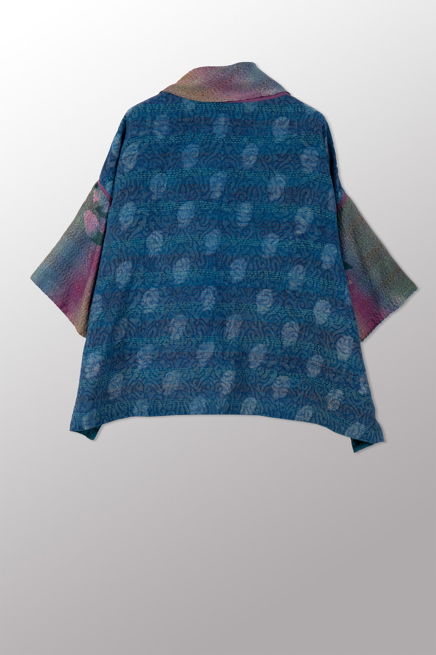 VINTAGE SILK GEORGETTE COTTON KANTHA COWL NECK PONCHO - gc2061-0002a -