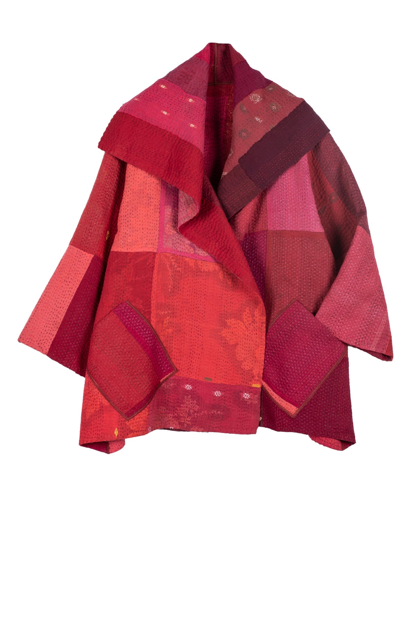 STRIPE AND CHECK COTTON SILK PATCH KANTHA  FLARE JACKET - ss4010-red -