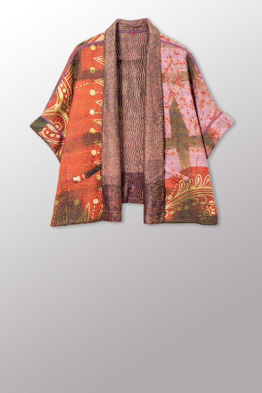 VINTAGE PRINTED SILK CLAMP DYE WITH JACQUARD KANTHA MINI PONCHO - sk4060-0001a -