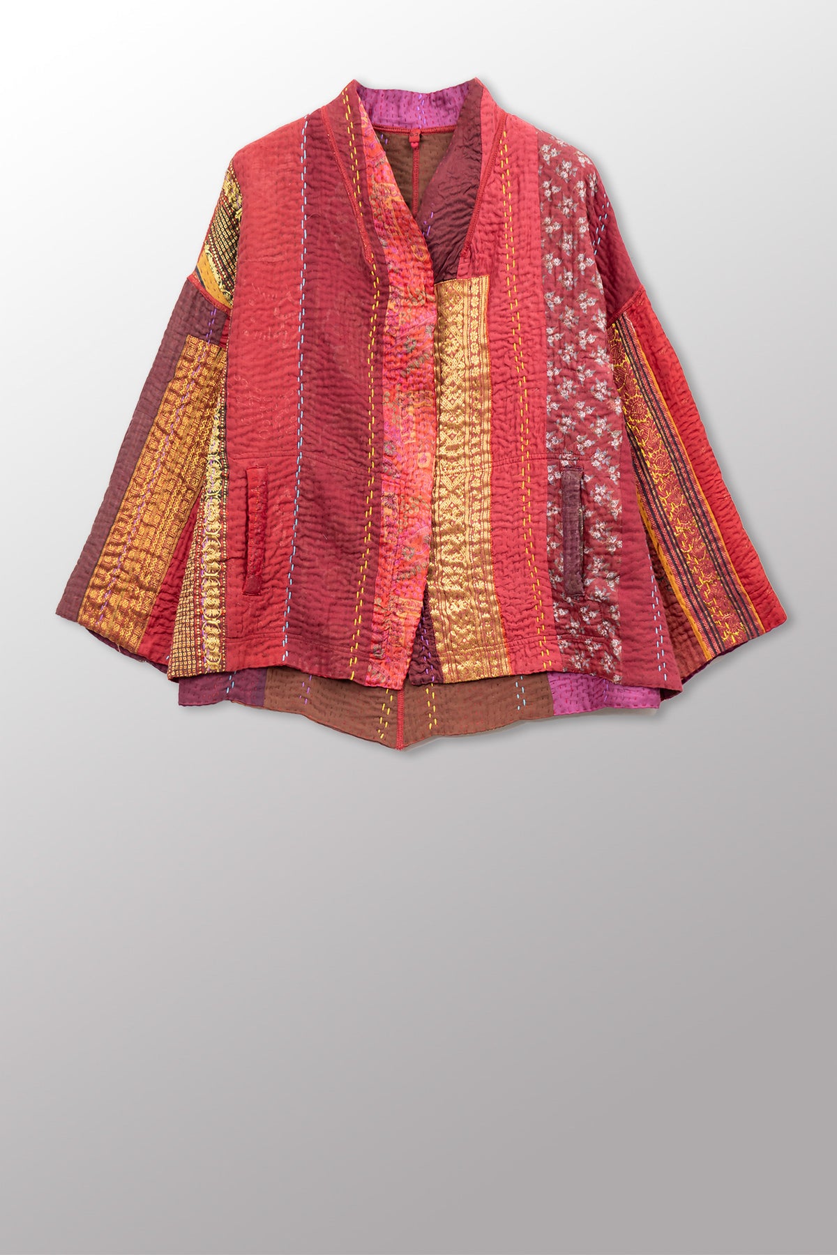 JEWEL WOVEN WITH VERTICAL PATCH KANTHA STAND COLLAR CROPPED JACKET - jv4034-red -