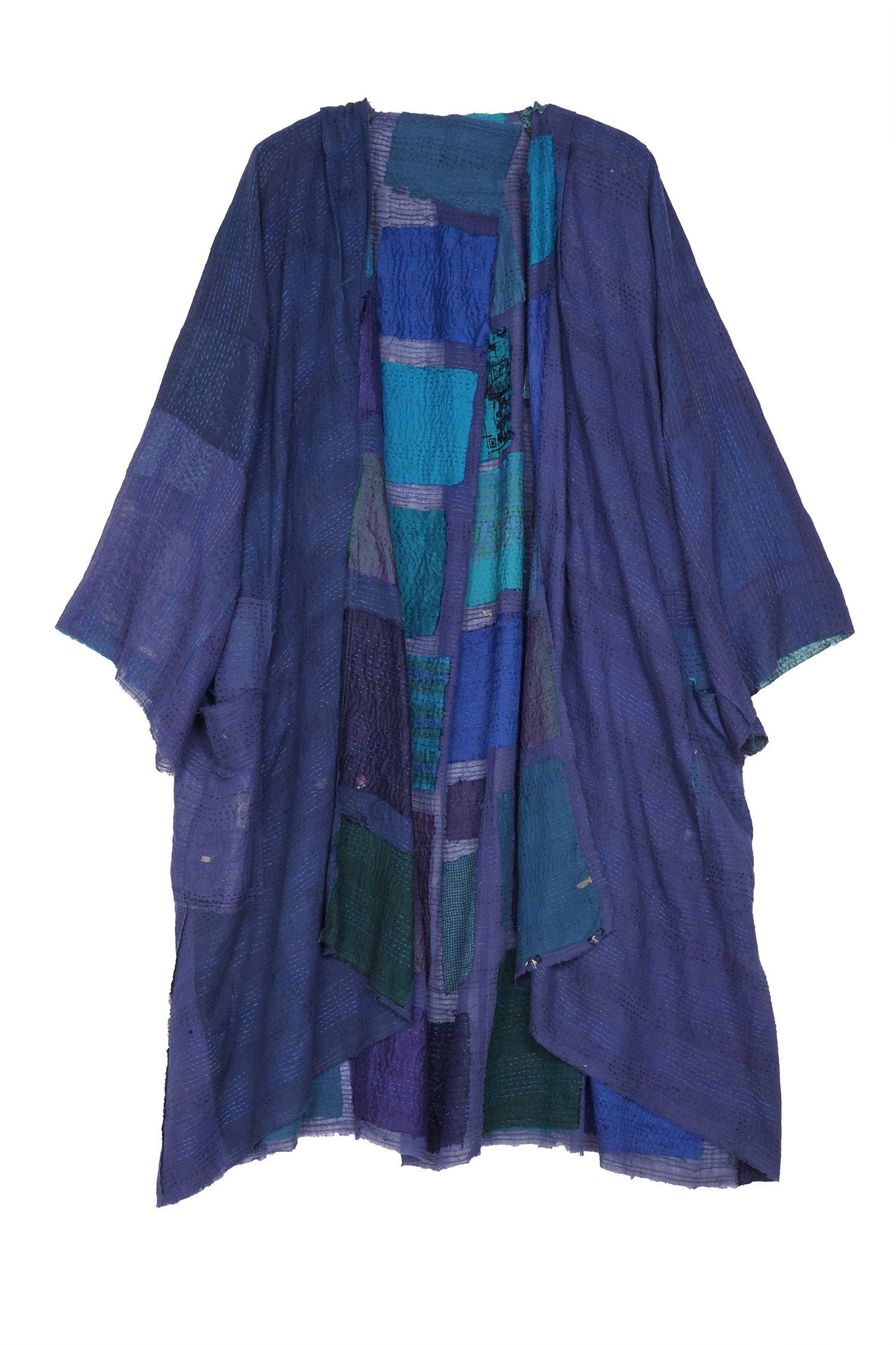 TONAL TILE PATCH KANTHA KIMONO DUSTER - tt2317-blu -