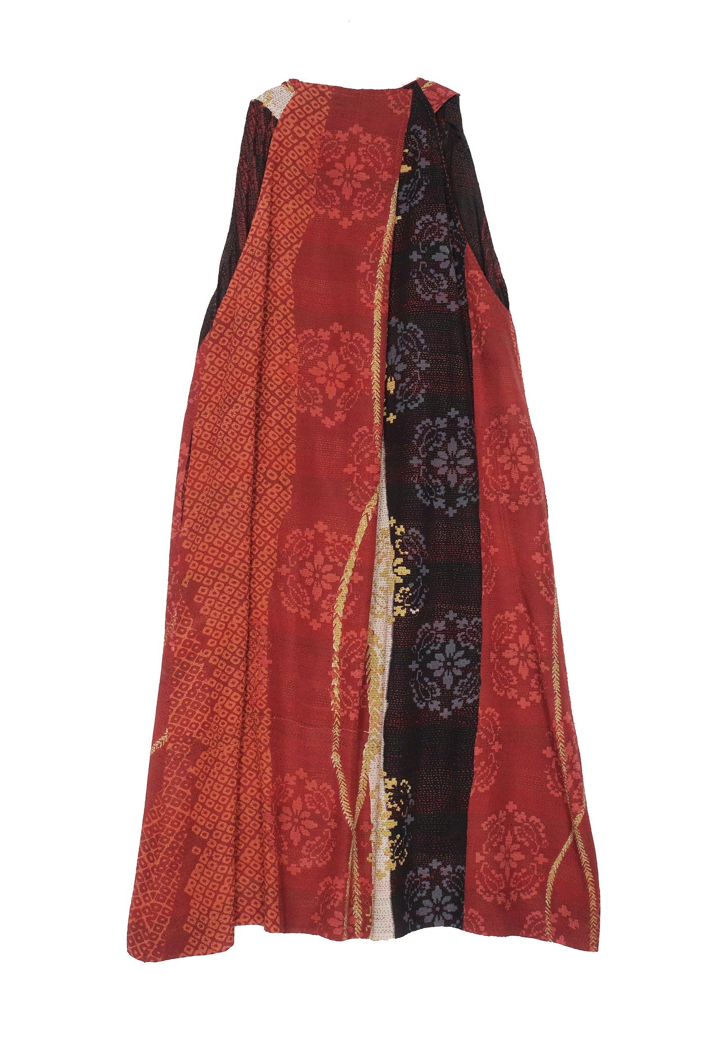 KIMONO PRINT KANTHA BACK PLEATED VEST MAXI - kp2222-red -