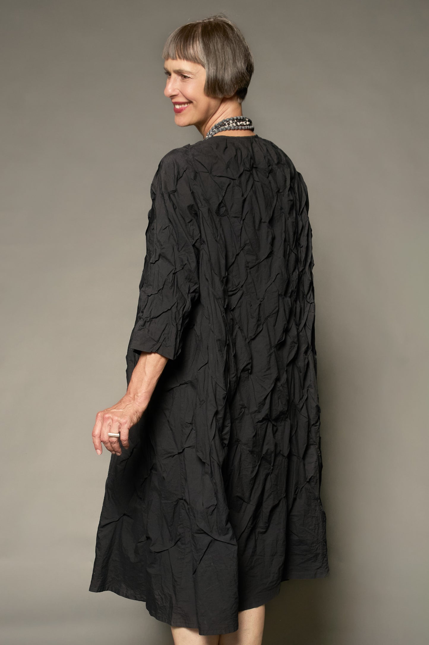 POLISHED COTTON WAVY TUCK A-LINE DRESS - wl1453-blk -