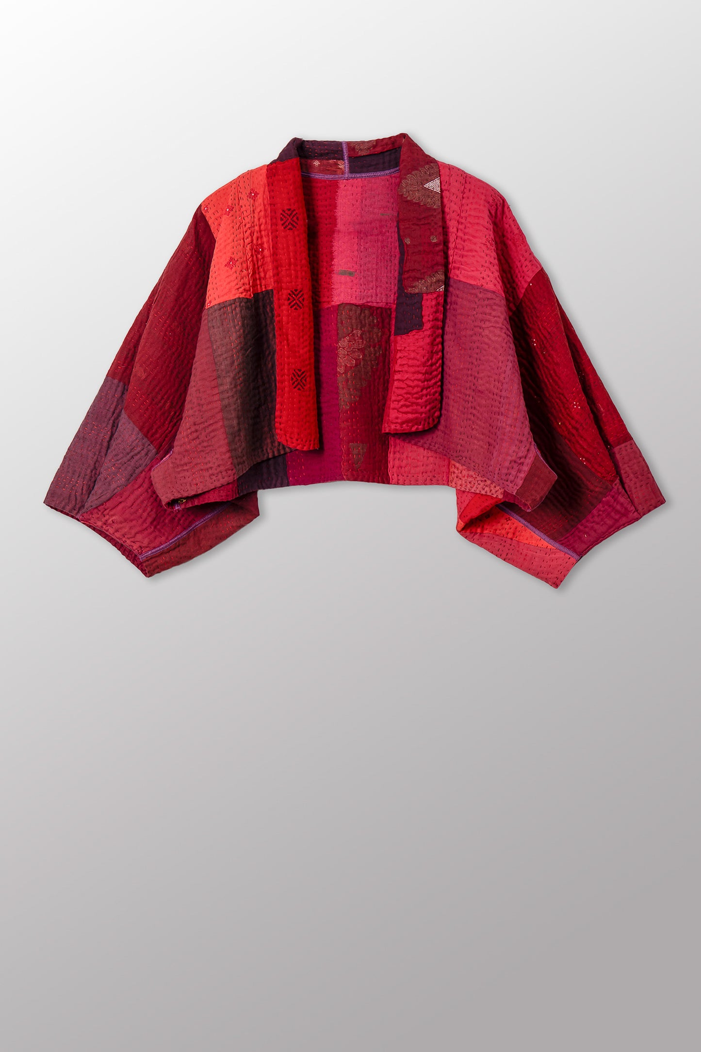 STRIPE AND CHECK COTTON SILK PATCH KANTHA PUFF SLV. SHRUG - ss4062-red -
