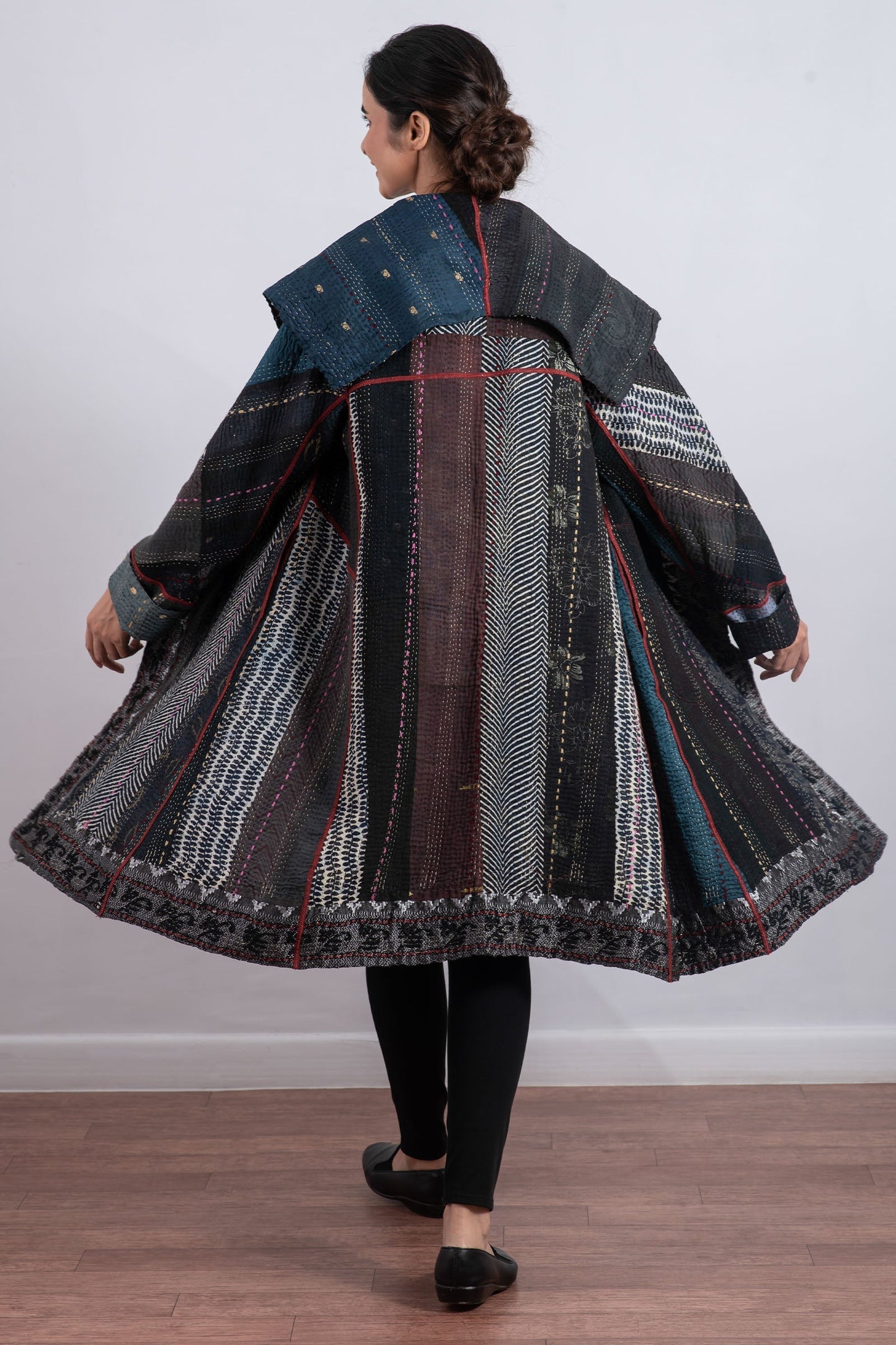 STRIPE RALLIS KANTHA A-LINE COAT - pr4309-blk -