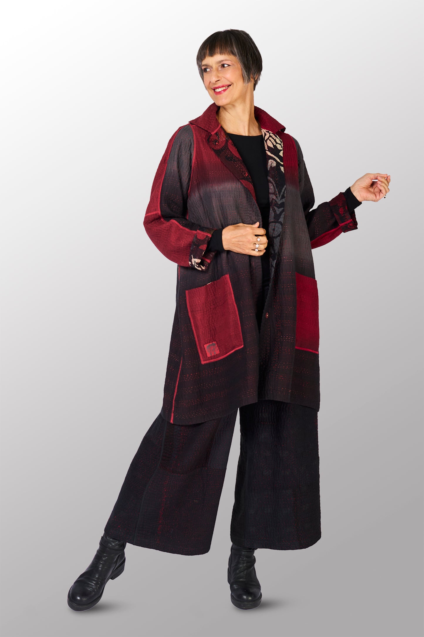 BIG PRINTED PATCH WITH OMBRE BACKING KANTHA A-LINE DUSTER - px4311-red -