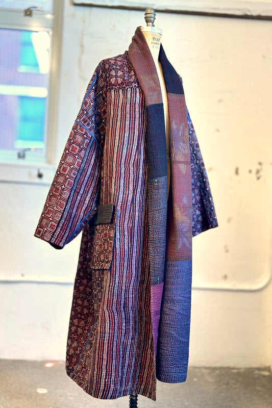 AJRAKH PRINT AND SILK COTTON PATCH KANTHA NEW SHAWL POCKET COAT LONG - az4363-brn -