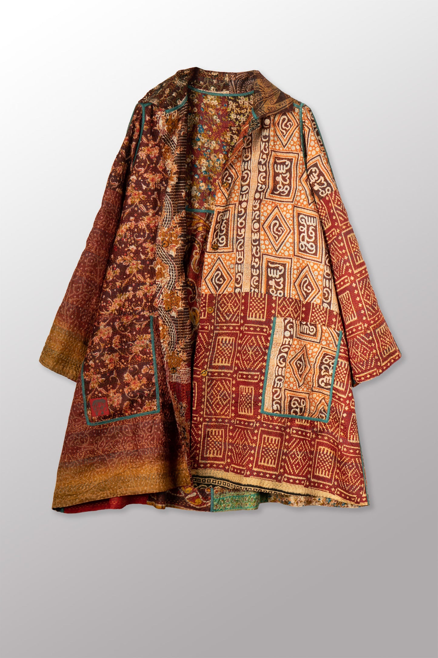 VINTAGE SILK KANTHA A-LINE DUSTER - sv2311-0012a -