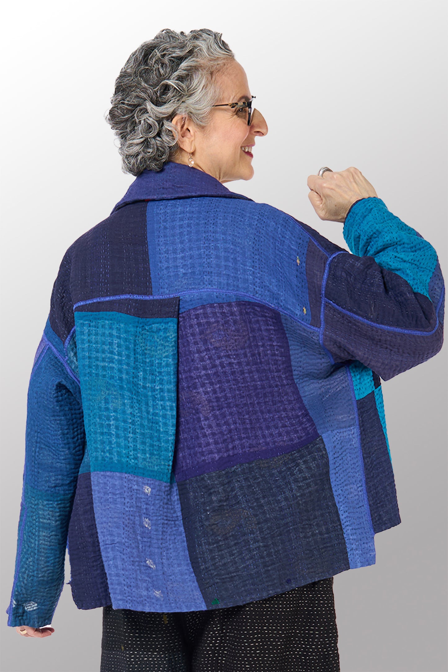 STRIPE AND CHECK COTTON SILK PATCH KANTHA CROPPED SHIRT JACKET - ss4075-blu -