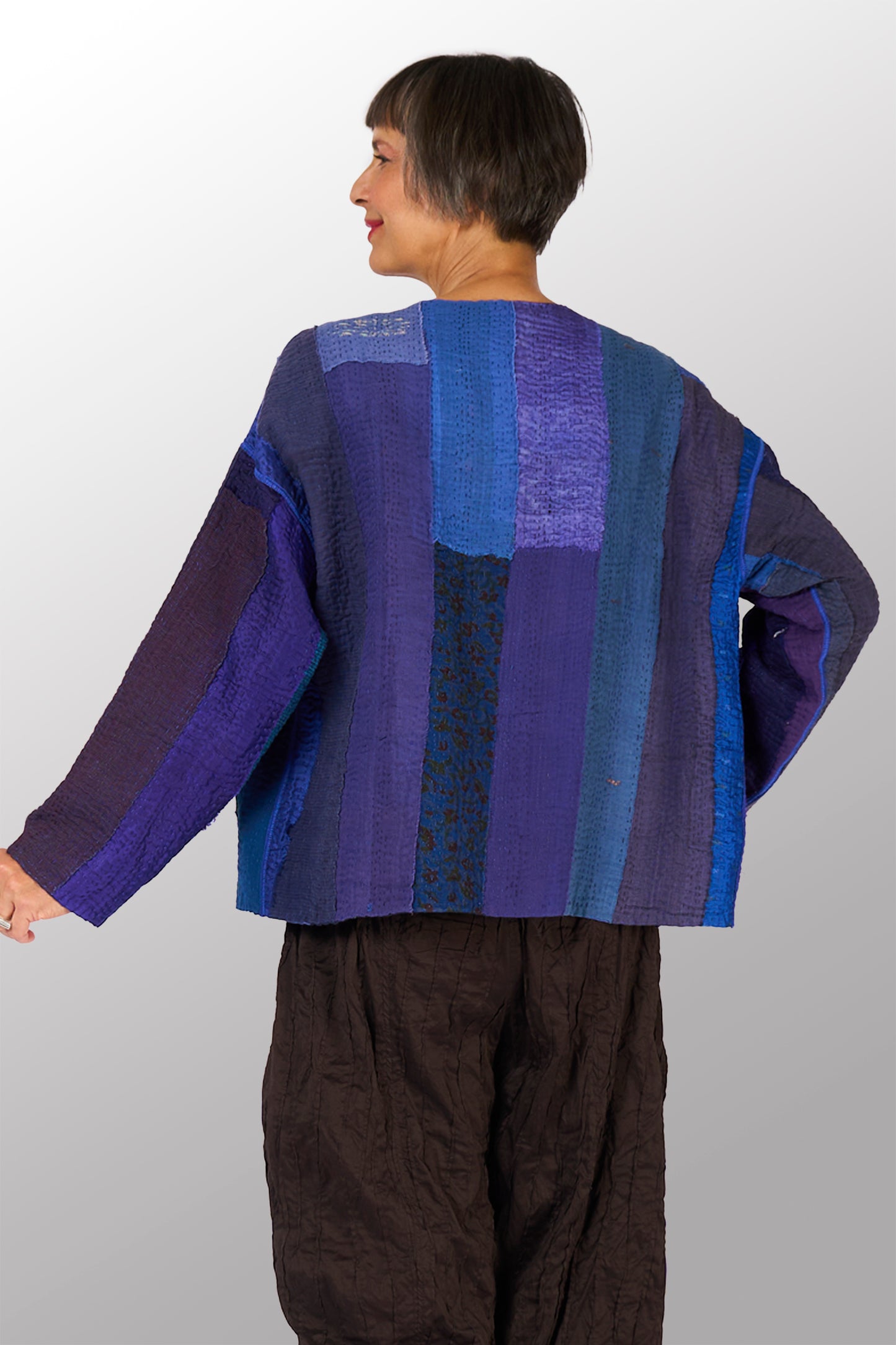 STRIPE AND CHECK COTTON SILK PATCH KANTHA CREW NECK SHORT JACKET - ss4053-blu -