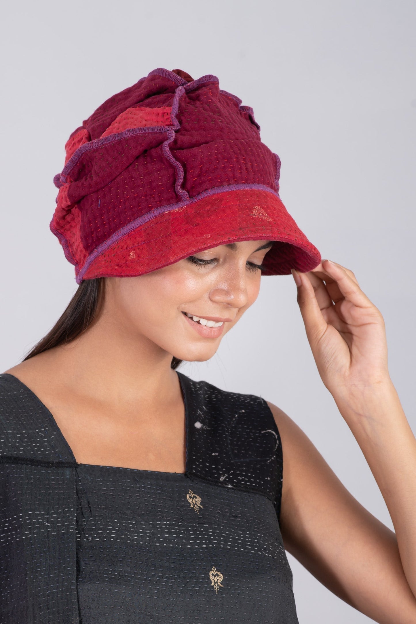 JAIPUR PATCH KANTHA HALF BRIM HAT - jp4881-red -