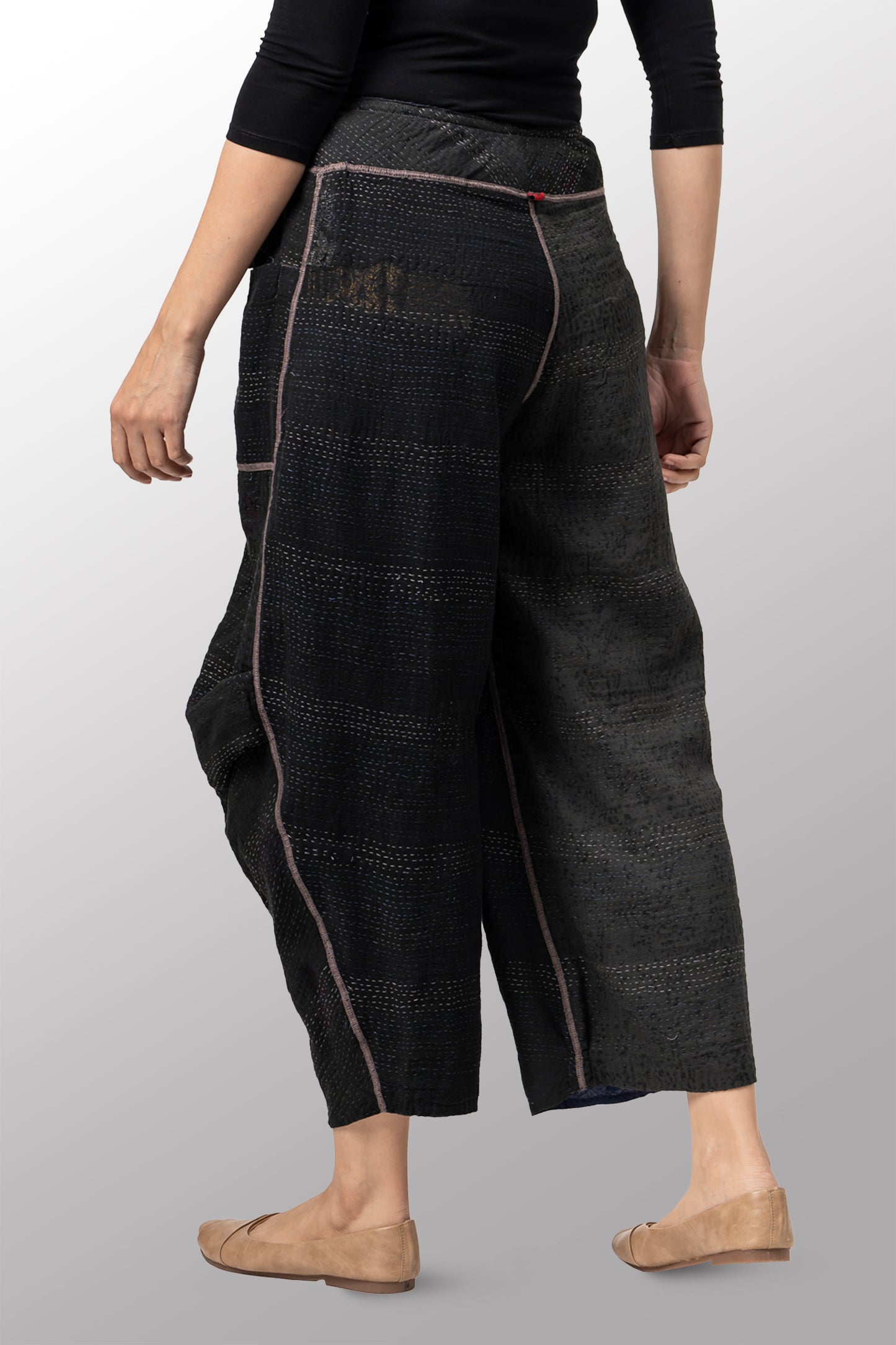 COTTON SILK SW PATCH KANTHA KNEE TUCKED PANTS - ws2625-blk -