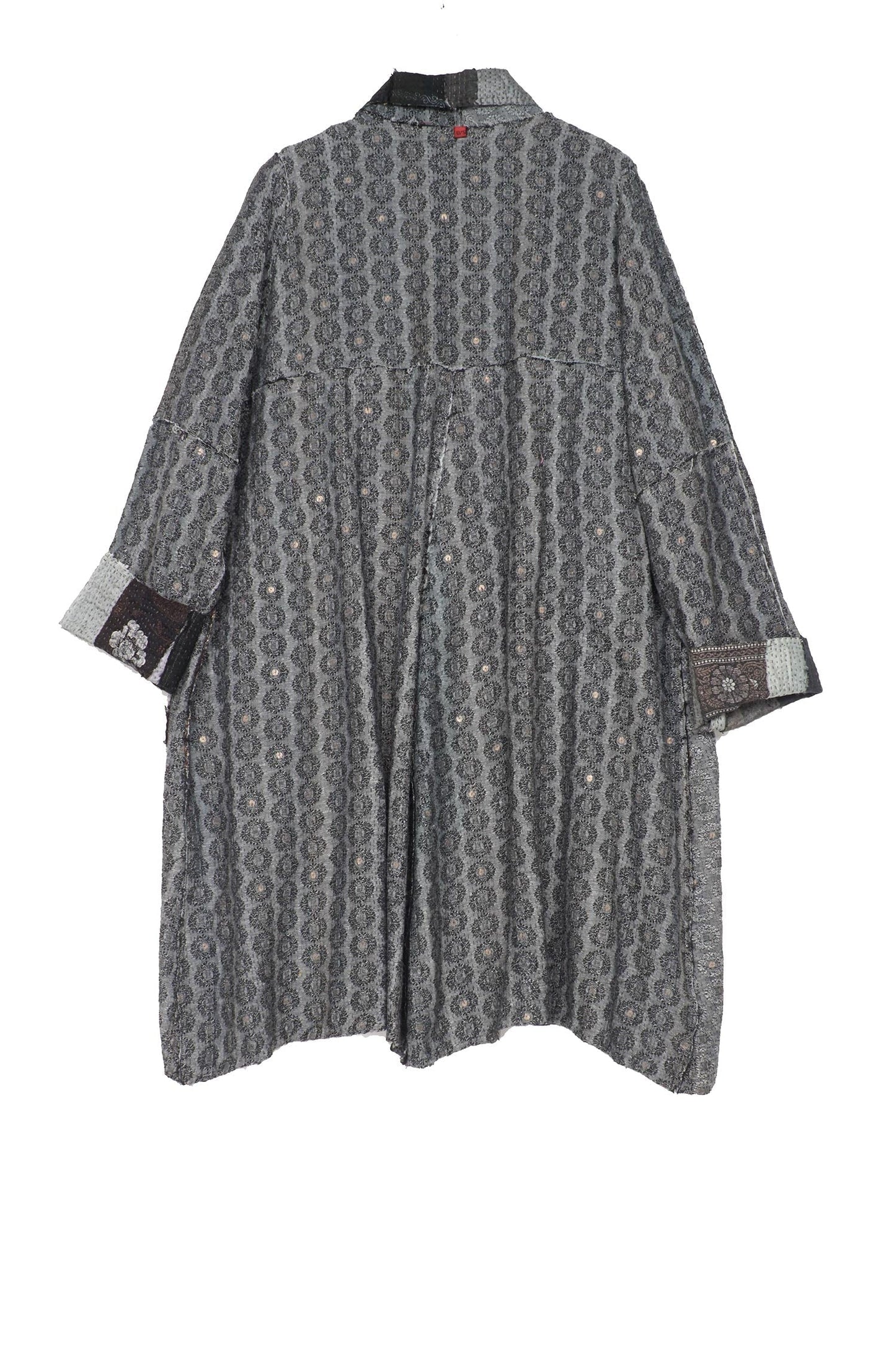 STRIPE FRAYED & HANDWOVEN KANTHA A-LINE DUSTER - ft2311-blk -