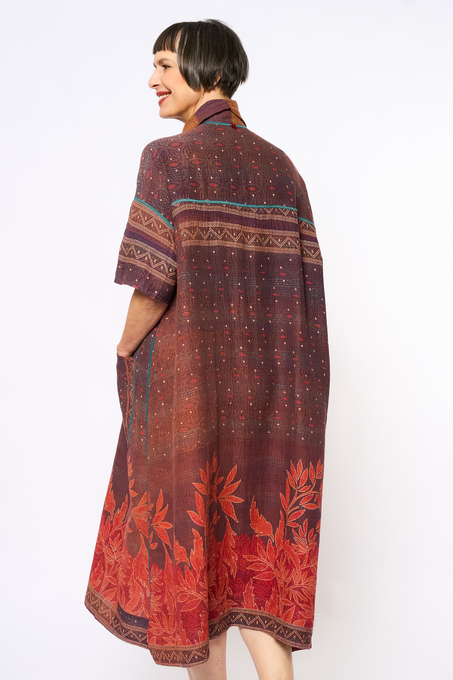 COTTON OVERDYE KANTHA WING COLLAR DRESS - ov2454-corg002a -