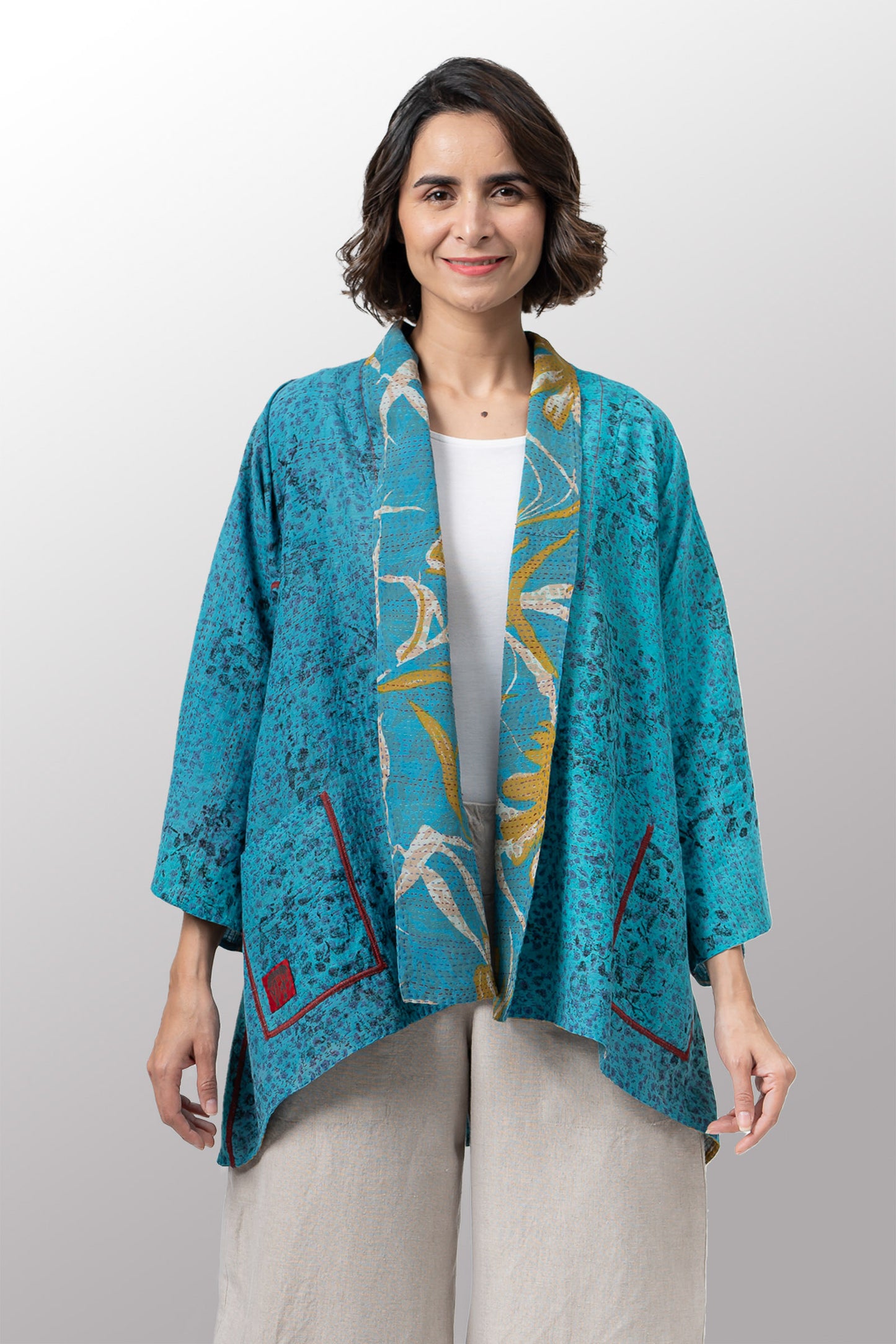 VINTAGE SILK GEORGETTE COTTON KANTHA KIMONO JKT - gc2004-0007a -