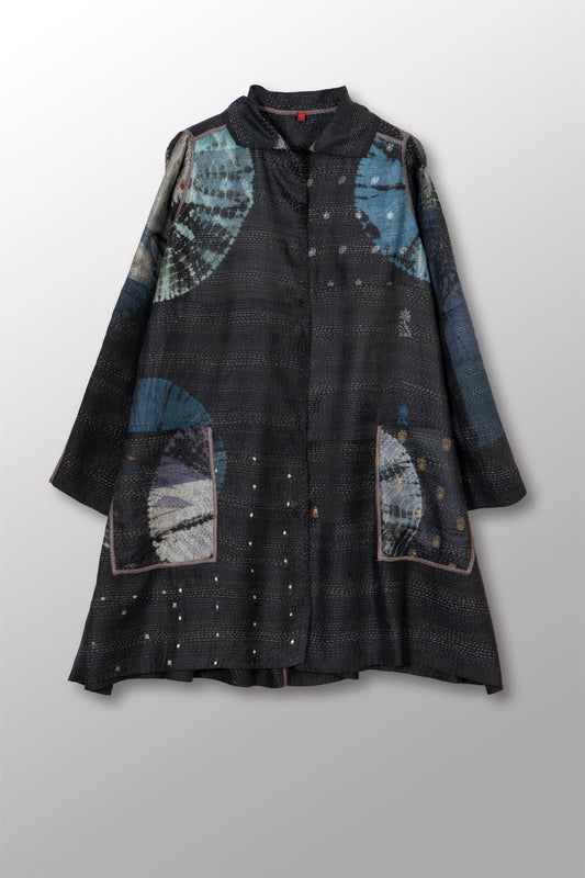 TIE DYE CIRCLE SHIBORI KANTHA A-LINE DUSTER - td2311-blk -