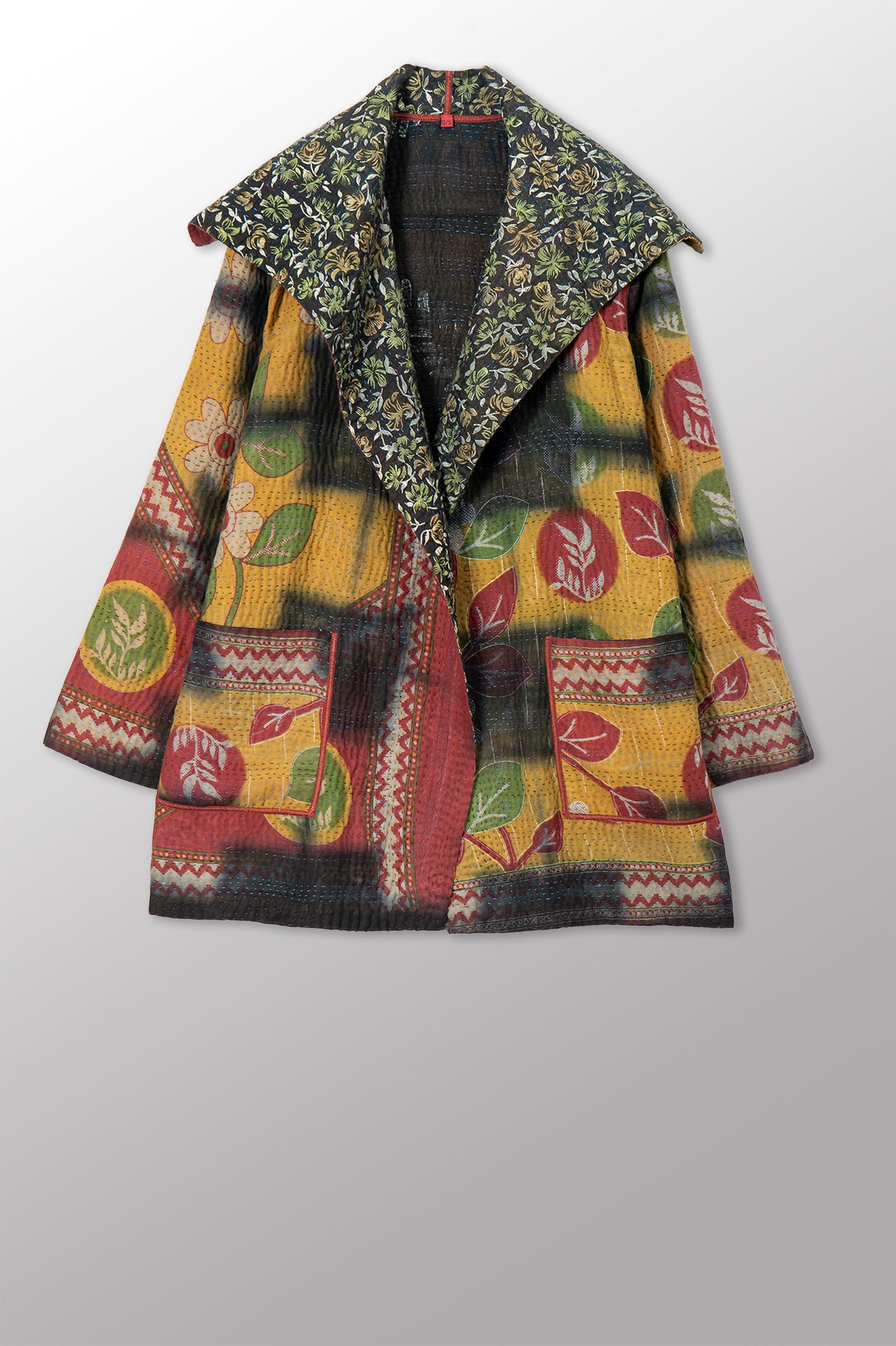 VINTAGE COTTON GREY CLAMP TIE DYE KANTHA POCKET JACKET - su4002-0001a -