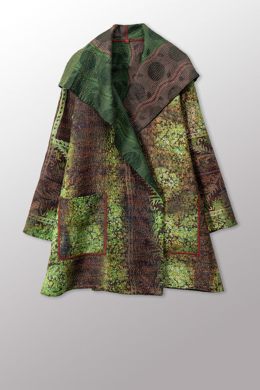 VINTAGE PRINTED SILK CLAMP DYE WITH JACQUARD KANTHA POCKET COAT - sk4301-0001a -