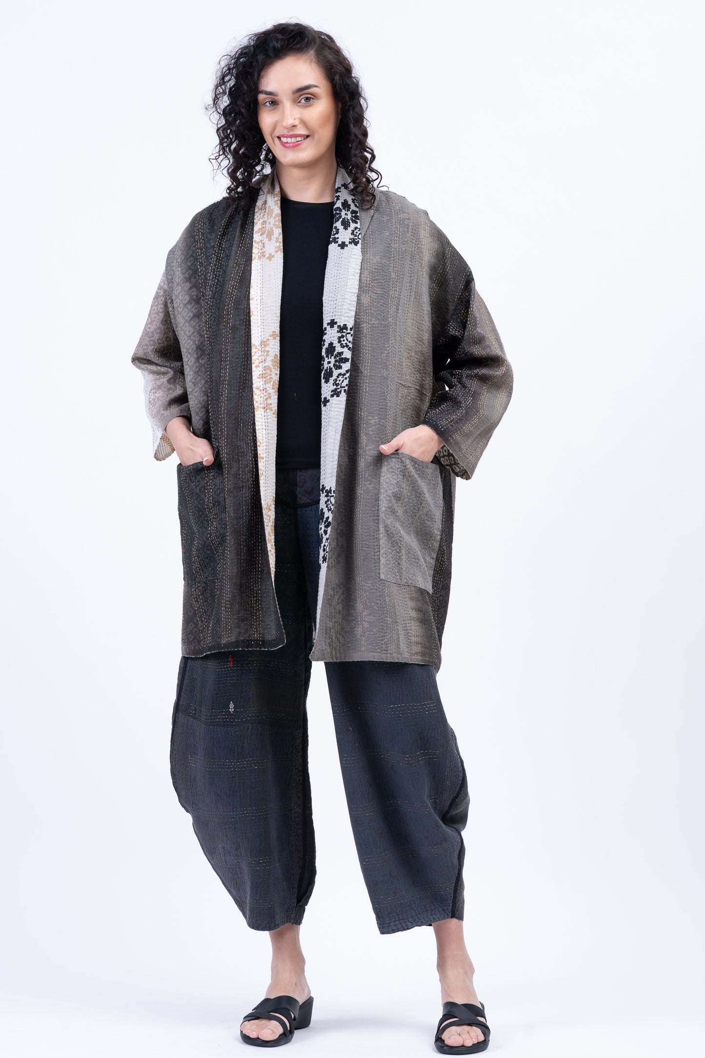 KIMONO COTTON KANTHA HAORI JACKET - kc2068-gry -