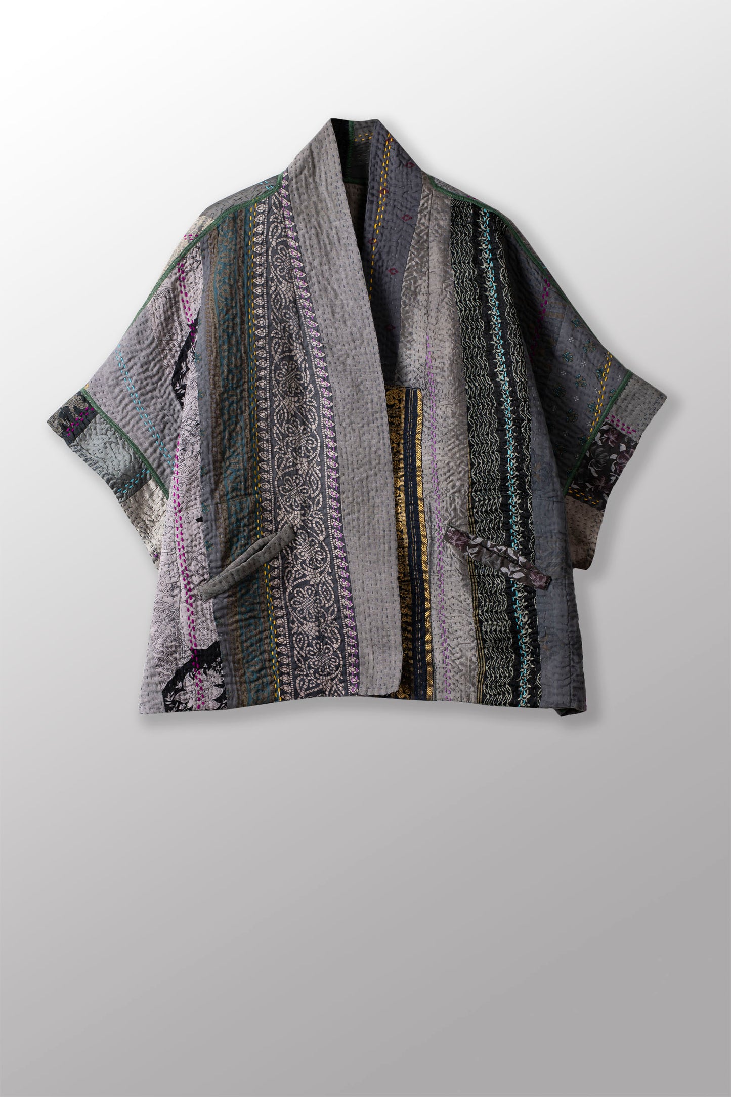 JEWEL WOVEN WITH VERTICAL PATCH KANTHA MINI PONCHO - jv4060-gry -