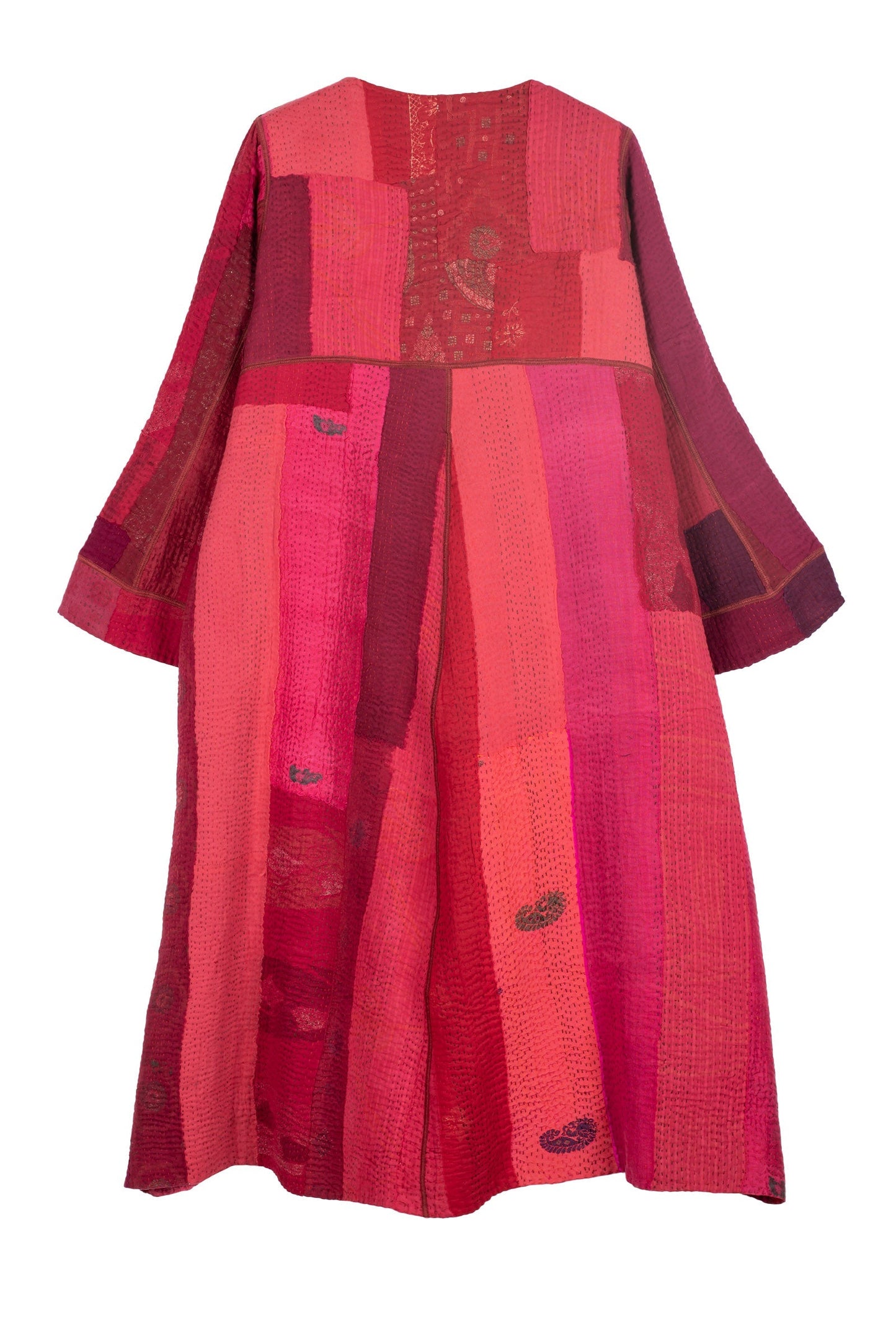 STRIPE AND CHECK COTTON SILK PATCH KANTHA  WRAP FLARE COAT - ss4330-red -