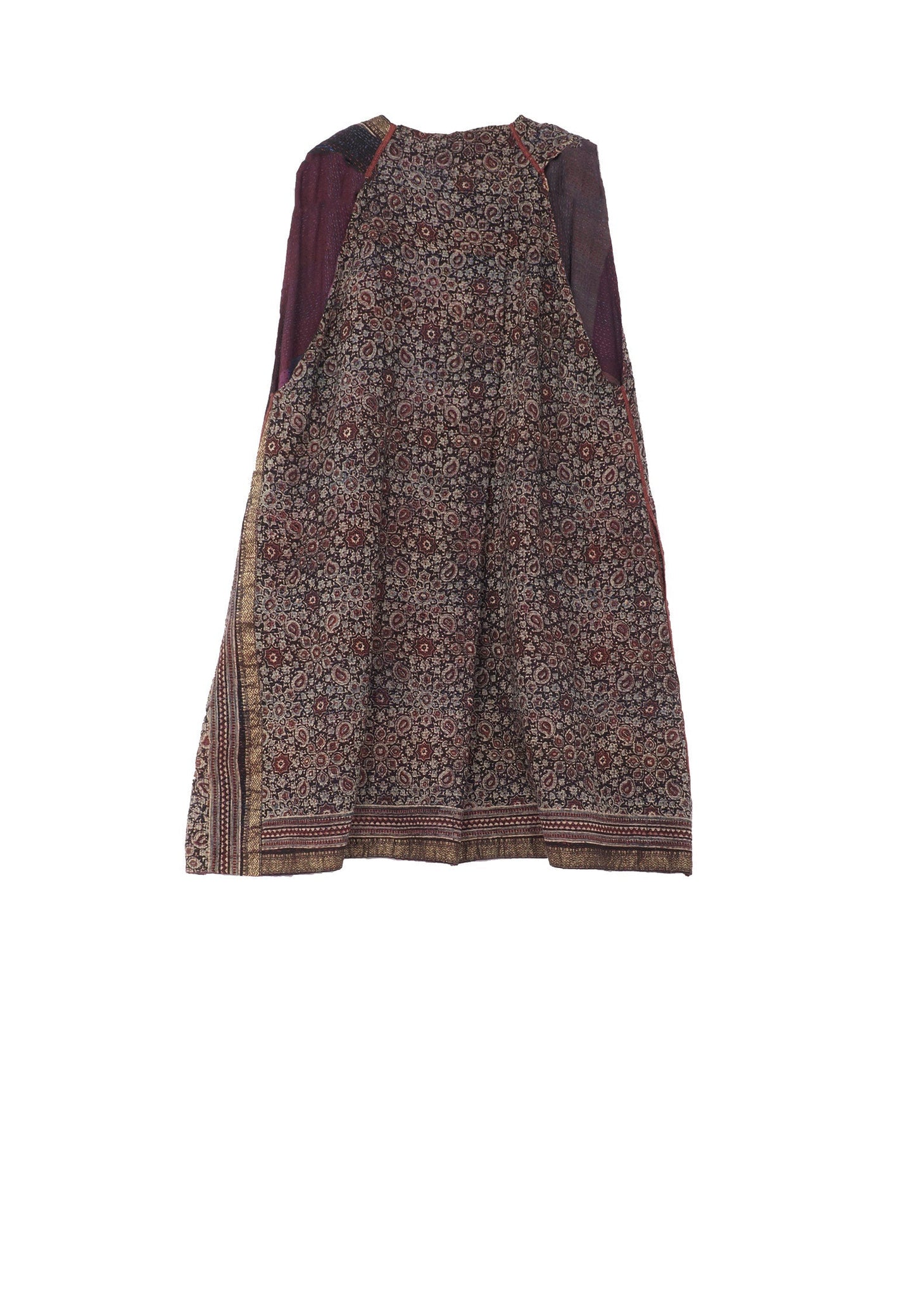 AJRAKH & COTTON OMBRE PATCH KANTHA BACK PLEATED VEST - ac2221-brn -