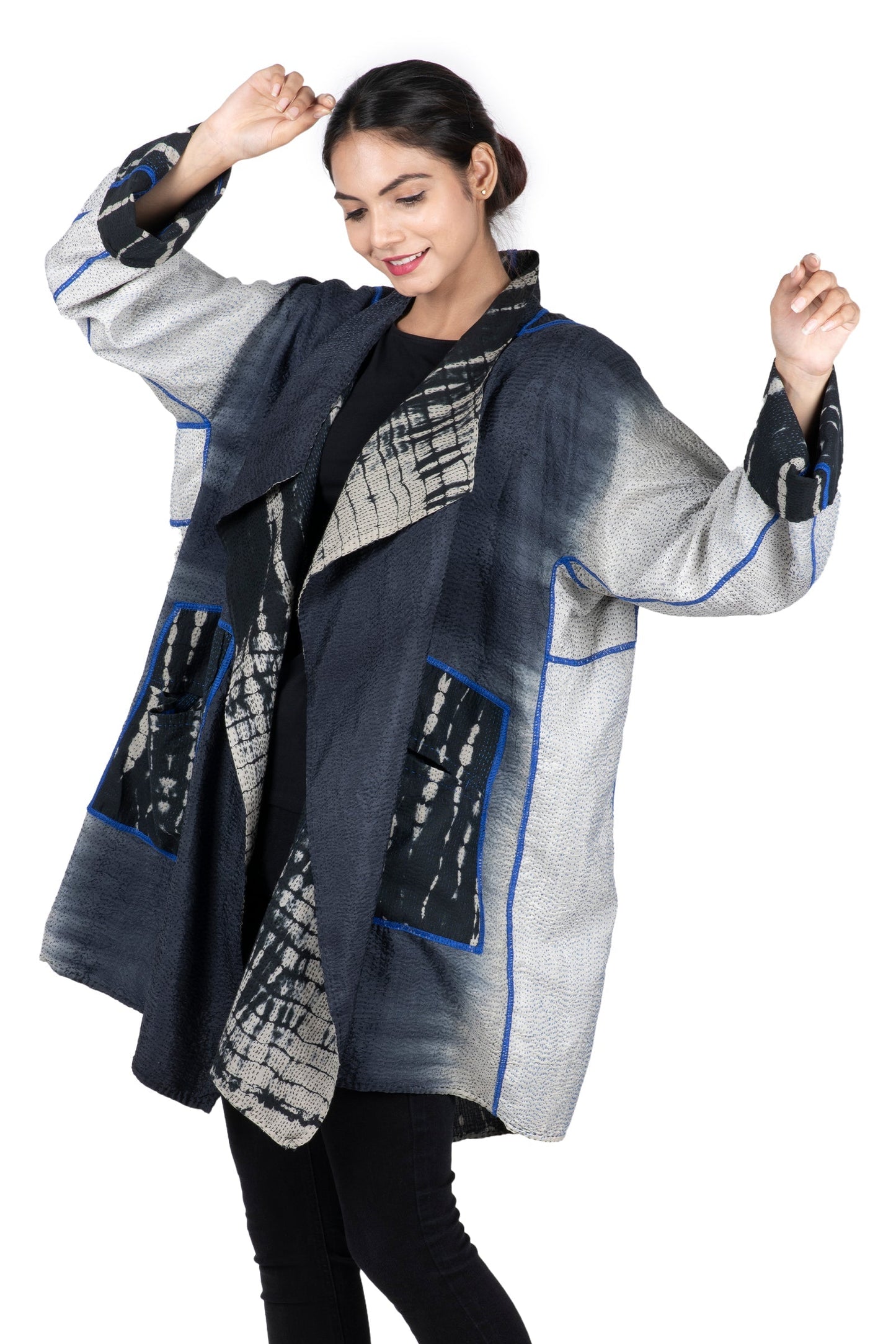 SERPENT PRINT KANTHA FUNNEL COLLAR COAT - sp2312-blk -