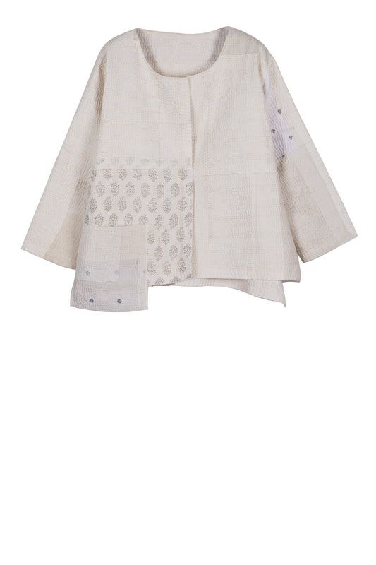 FRAYED PATCH KANTHA A-LINE SHORT JACKET - fi4019-ivy -