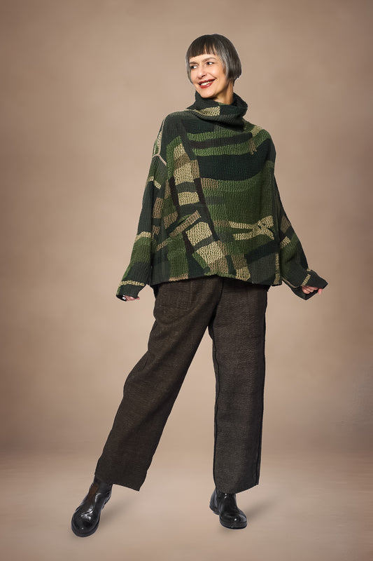 ABSTRACT WAFFLE KANTHA FUNNEL NECK PULLOVER - bw3t106-grn -